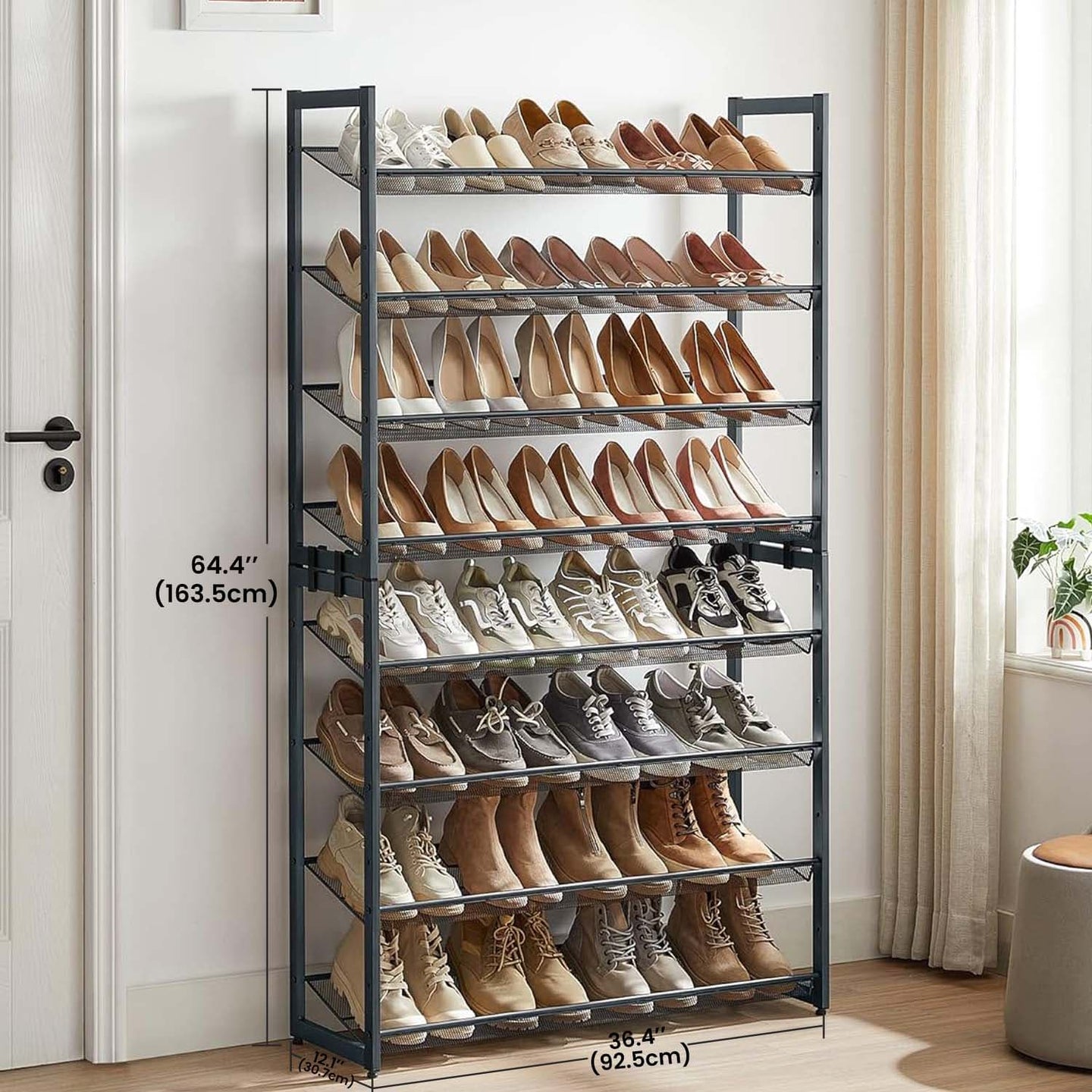 8-Tier Shoe Rack - Metal - Black - Large Capacity with Adjustable Shelves