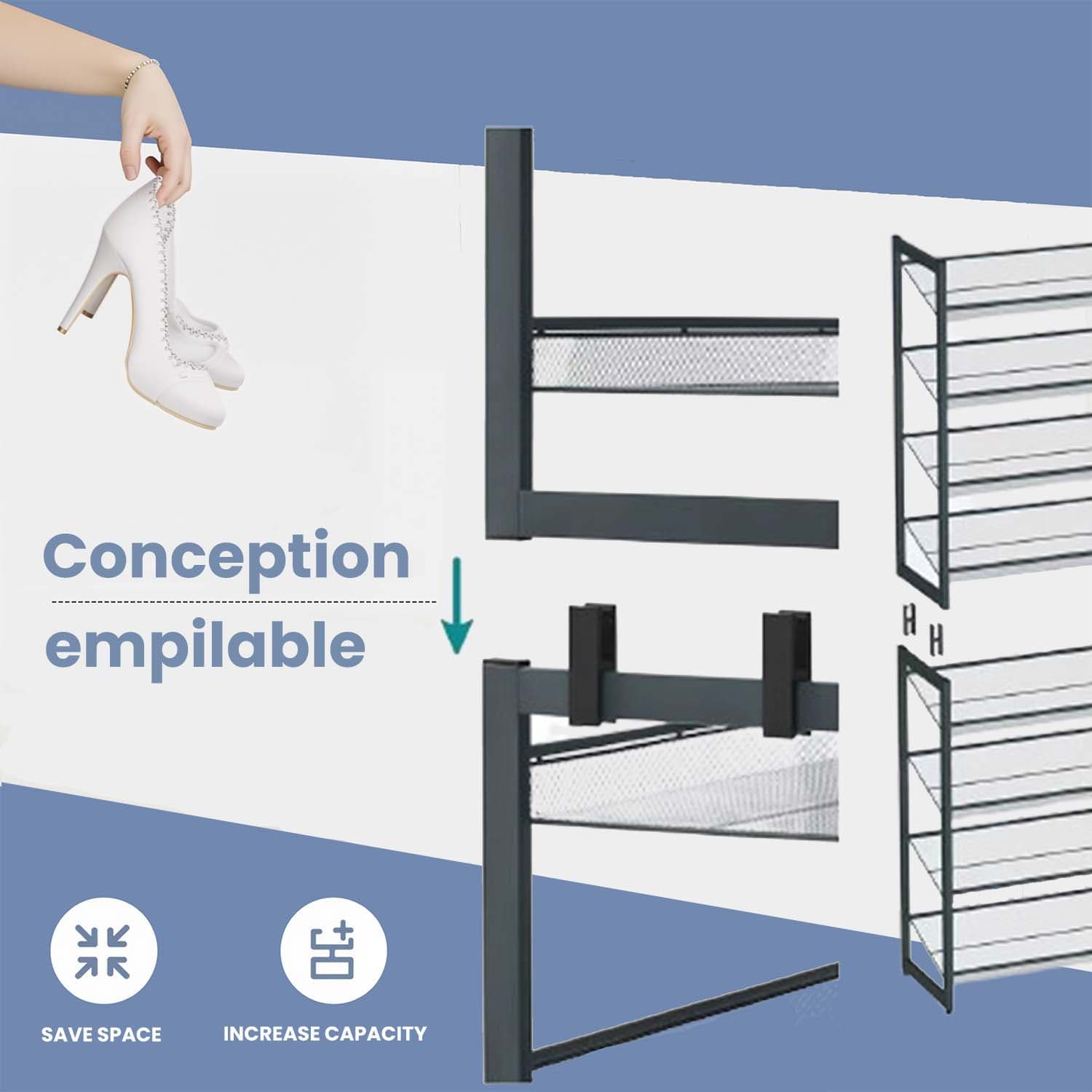 8-Tier Shoe Rack - Metal - Black - Large Capacity with Adjustable Shelves