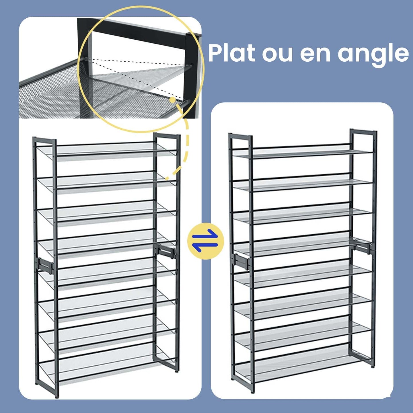 8-Tier Shoe Rack - Metal - Black - Large Capacity with Adjustable Shelves