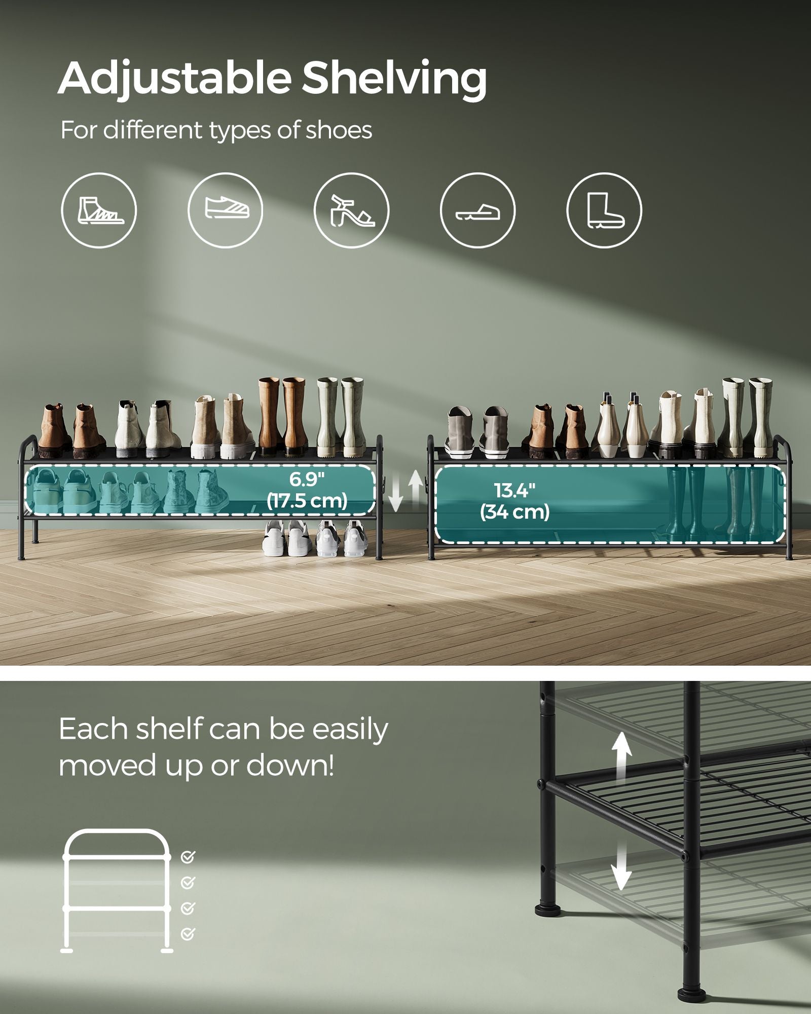 Shoe Rack - Metal - Ink Black - 2-Tier Design with 4 Hooks