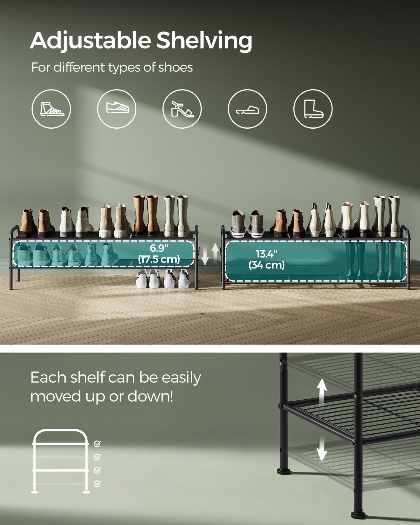 Shoe Rack - Metal - Ink Black - 2-Tier Design with 4 Hooks