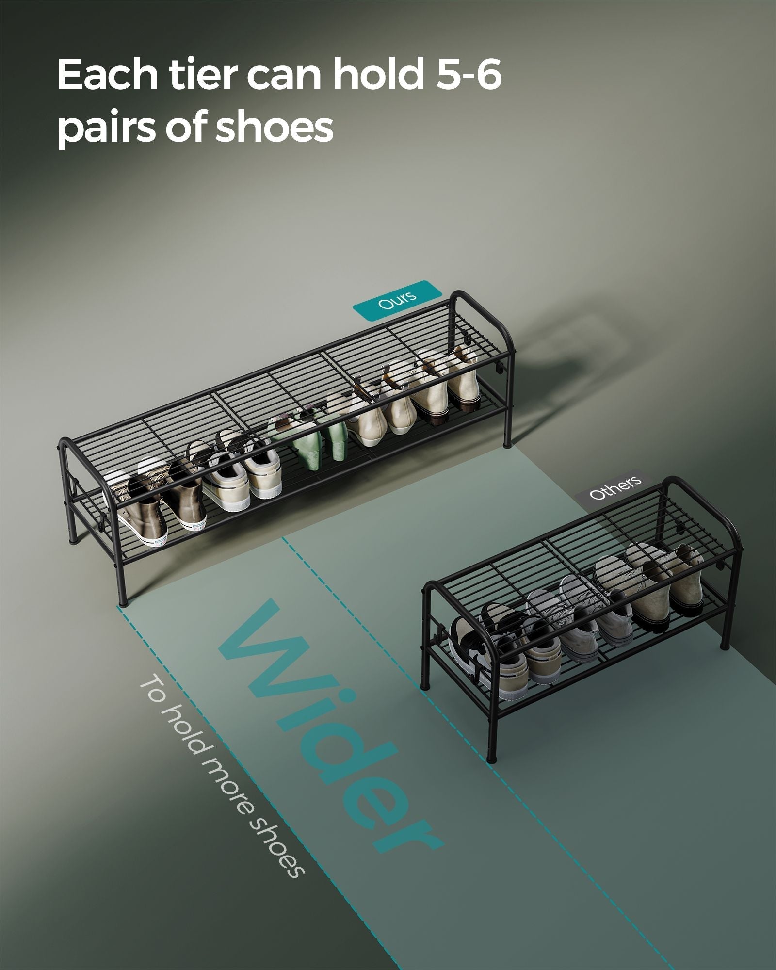 Shoe Rack - Metal - Ink Black - 2-Tier Design with 4 Hooks