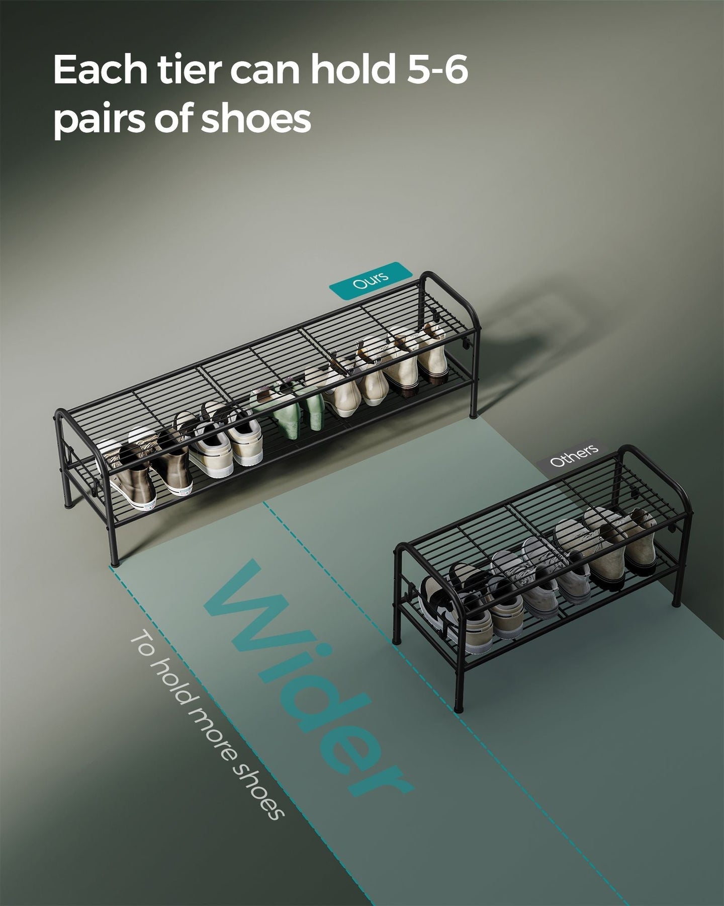 Shoe Rack - Metal - Ink Black - 2-Tier Design with 4 Hooks