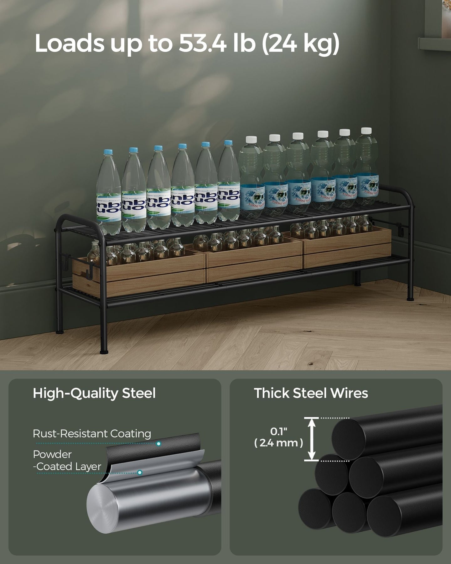 Shoe Rack - Metal - Ink Black - 2-Tier Design with 4 Hooks