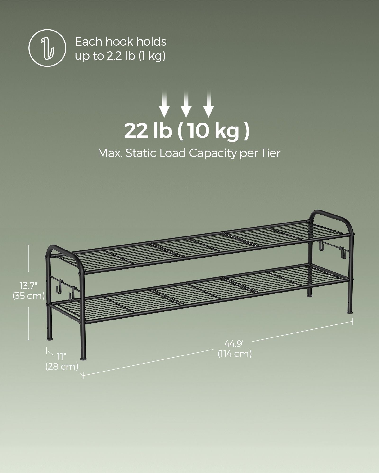 Shoe Rack - Metal - Ink Black - 2-Tier Design with 4 Hooks