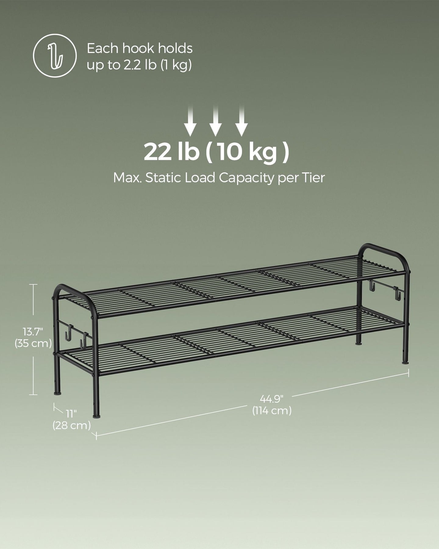 Shoe Rack - Metal - Ink Black - 2-Tier Design with 4 Hooks