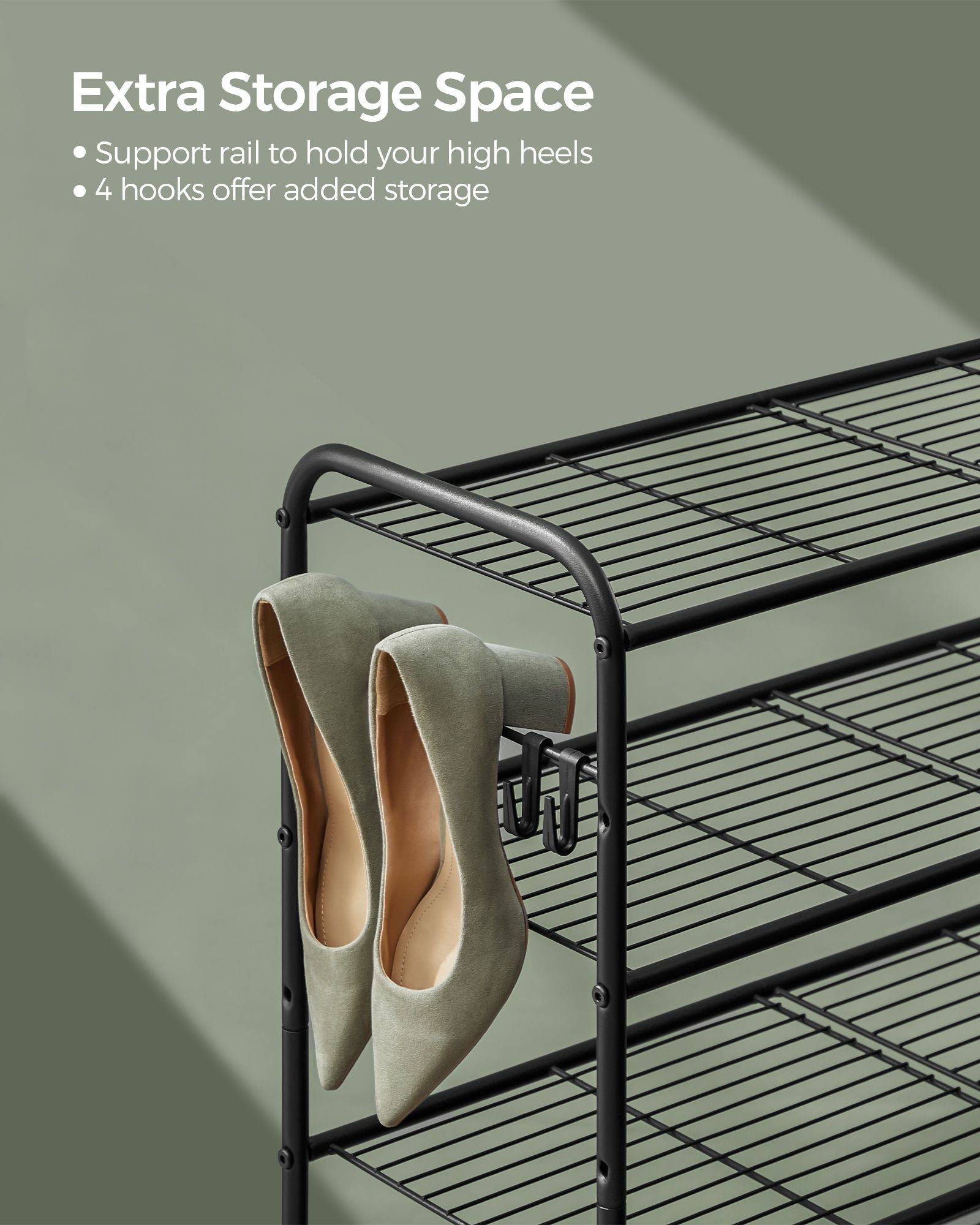 Shoe Rack - Metal - Ink Black - 2-Tier Design with 4 Hooks