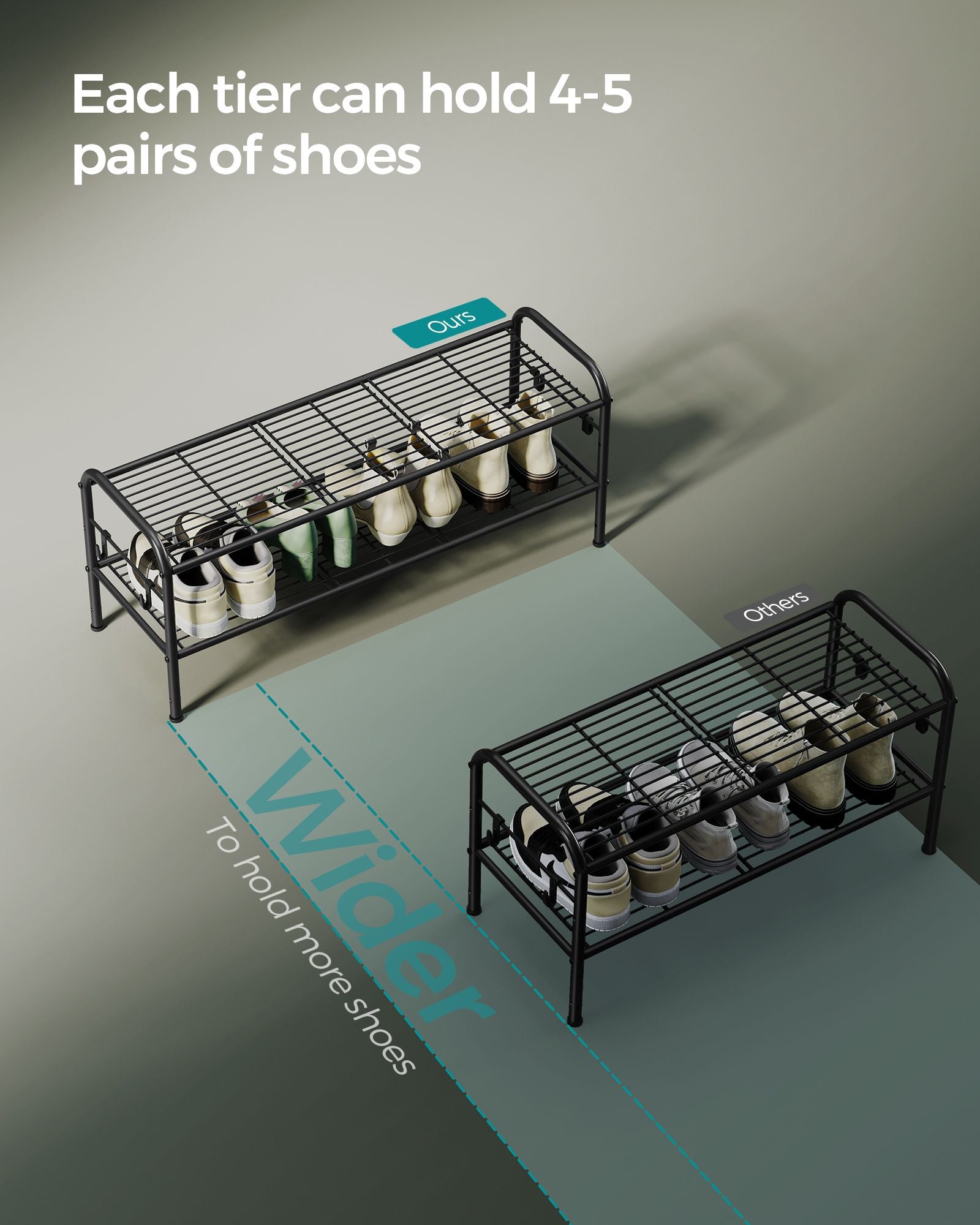 2-Tier Metal Shoe Rack - 4 Hooks - Ink Black - Height-Adjustable