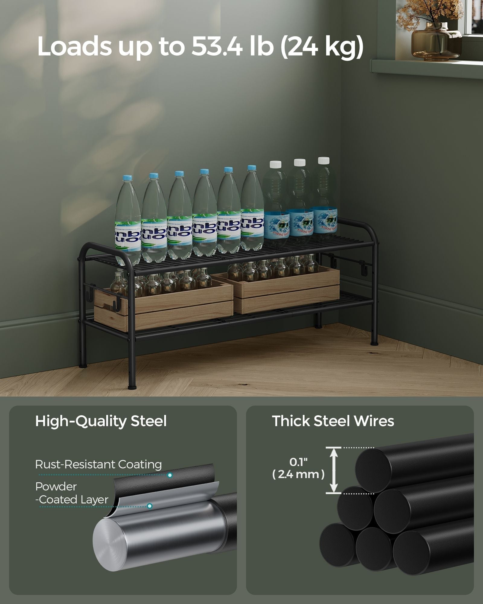 2-Tier Metal Shoe Rack - 4 Hooks - Ink Black - Height-Adjustable