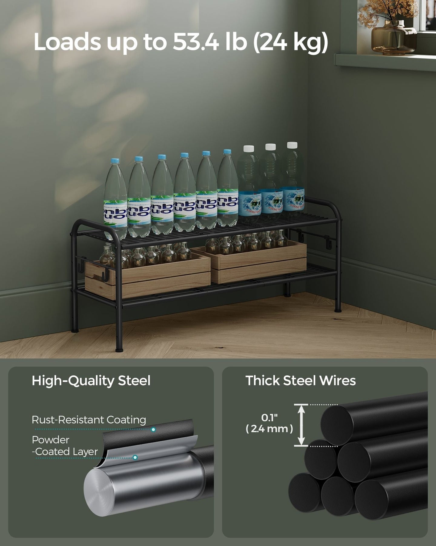 2-Tier Metal Shoe Rack - 4 Hooks - Ink Black - Height-Adjustable