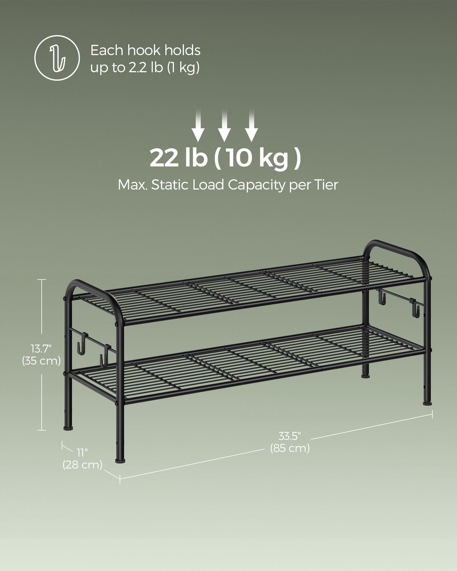 2-Tier Metal Shoe Rack - 4 Hooks - Ink Black - Height-Adjustable