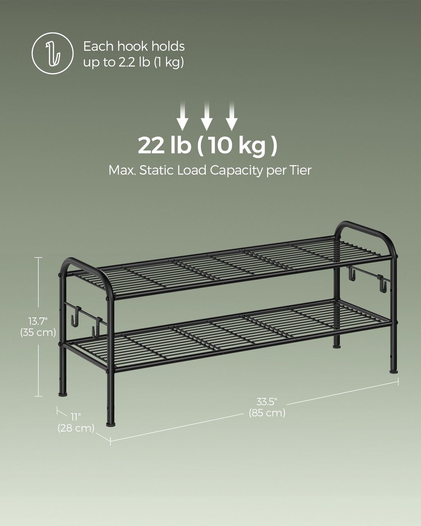 2-Tier Metal Shoe Rack - 4 Hooks - Ink Black - Height-Adjustable