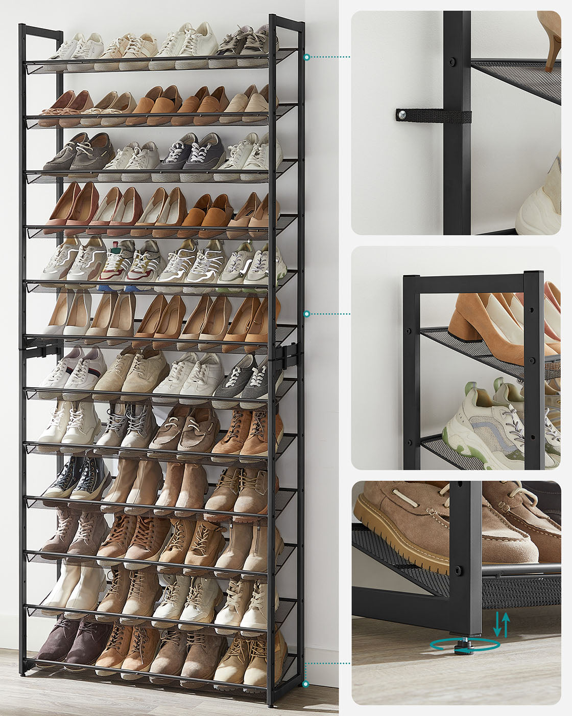 12-Tier Shoe Rack - Metal Mesh - Black - Stackable and Adjustable