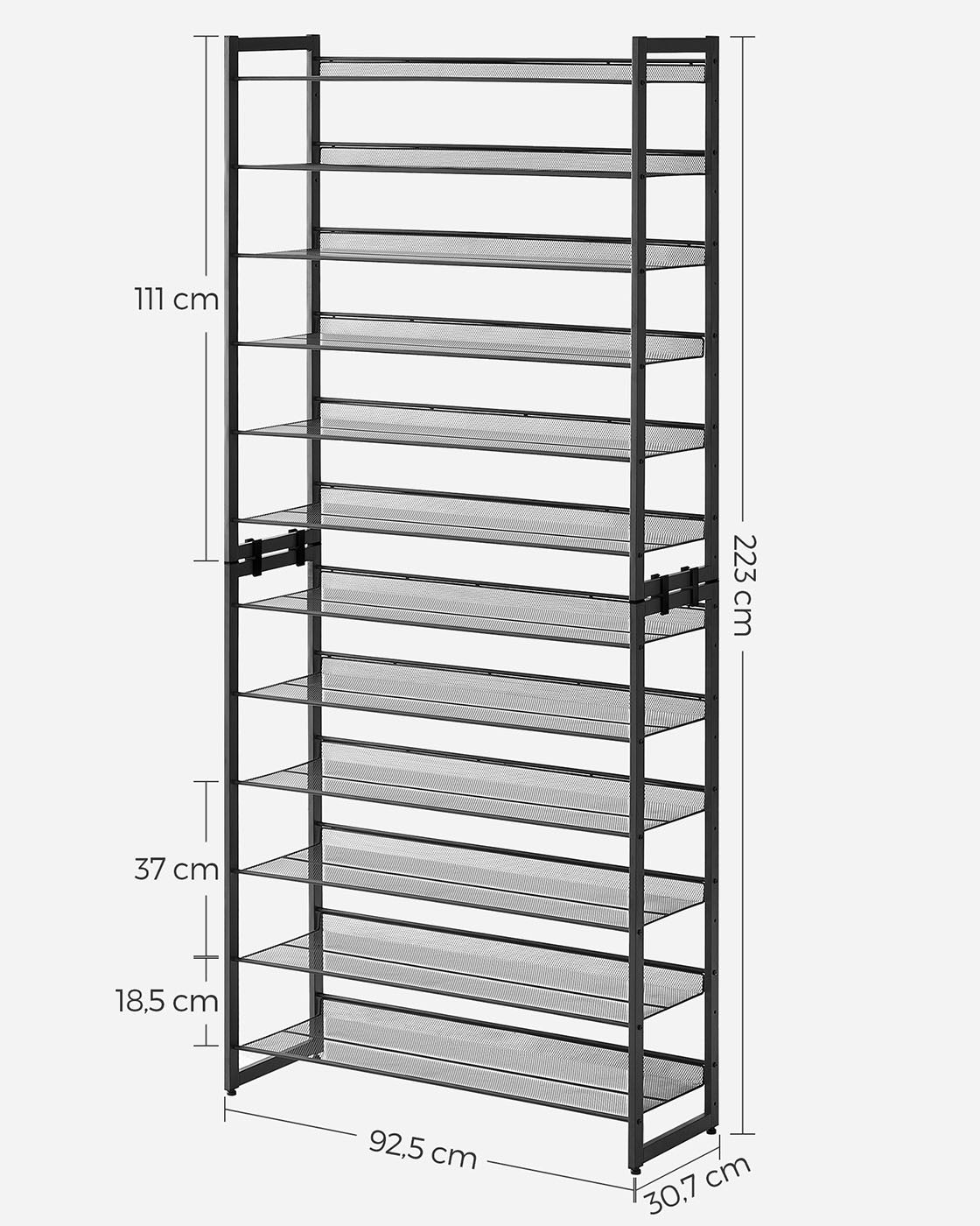 12-Tier Shoe Rack - Metal Mesh - Black - Stackable and Adjustable