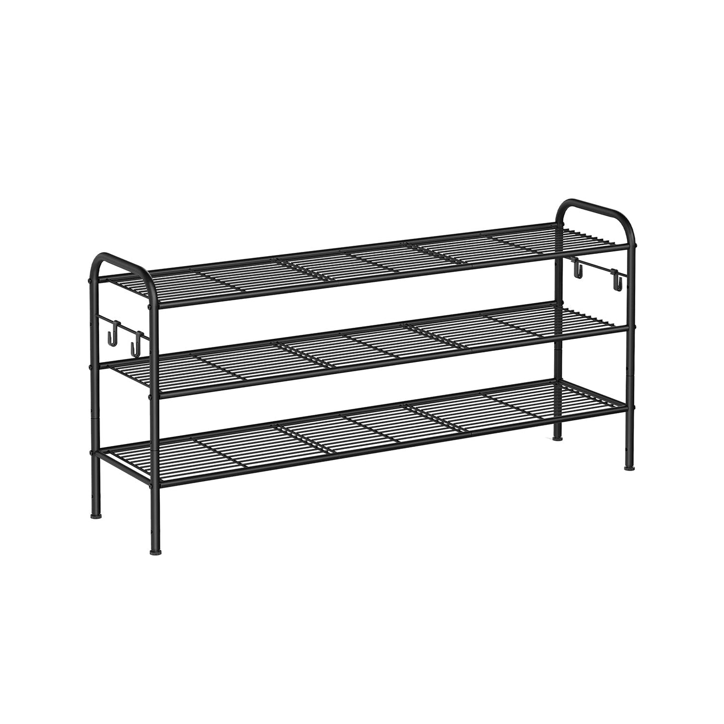 3-Tier Metal Shoe Rack - Ink Black - Height-Adjustable with 4 Side Hooks