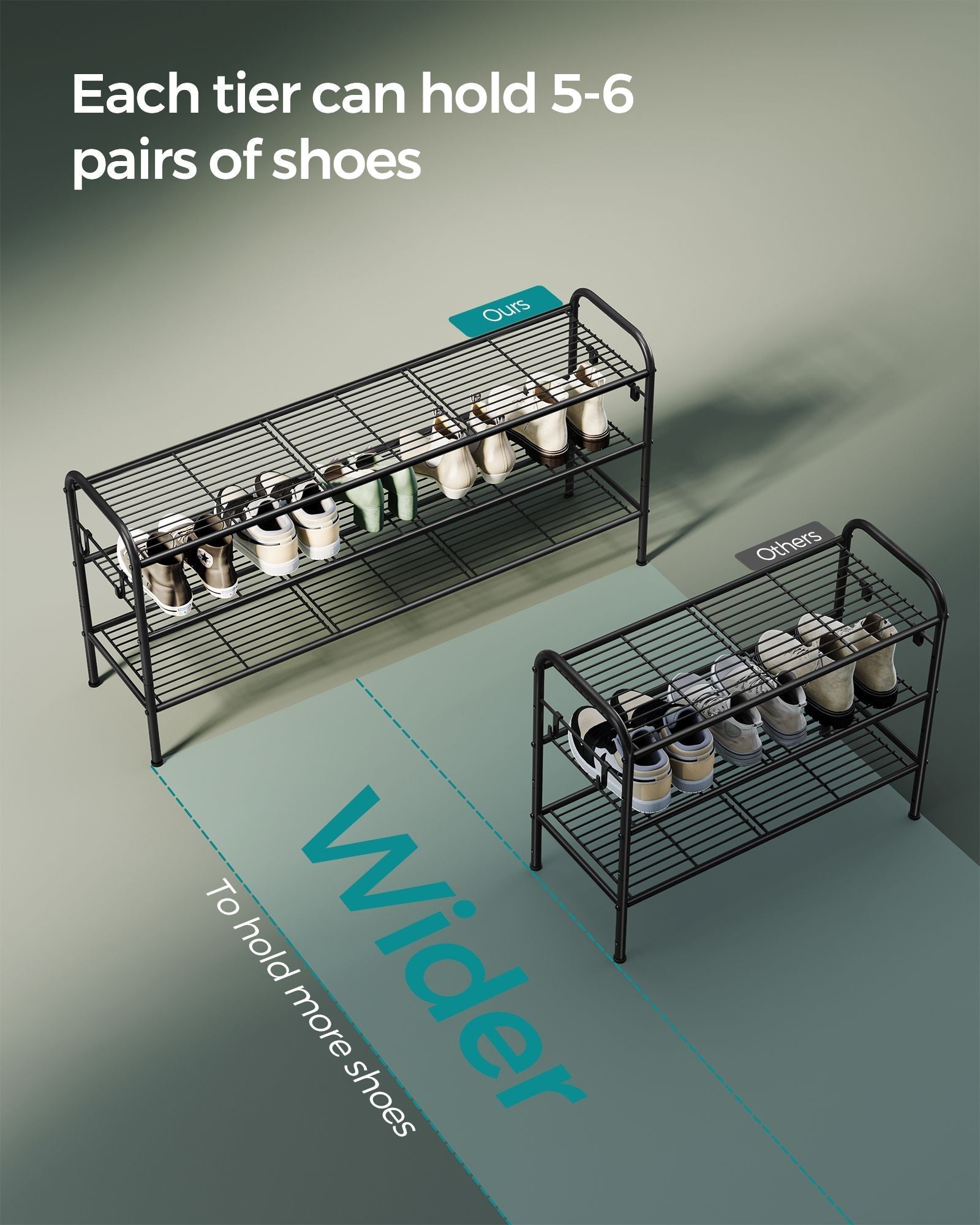3-Tier Metal Shoe Rack - Ink Black - Height-Adjustable with 4 Side Hooks