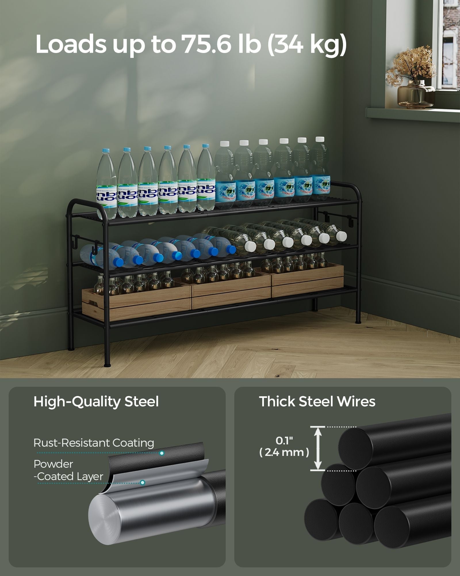 3-Tier Metal Shoe Rack - Ink Black - Height-Adjustable with 4 Side Hooks