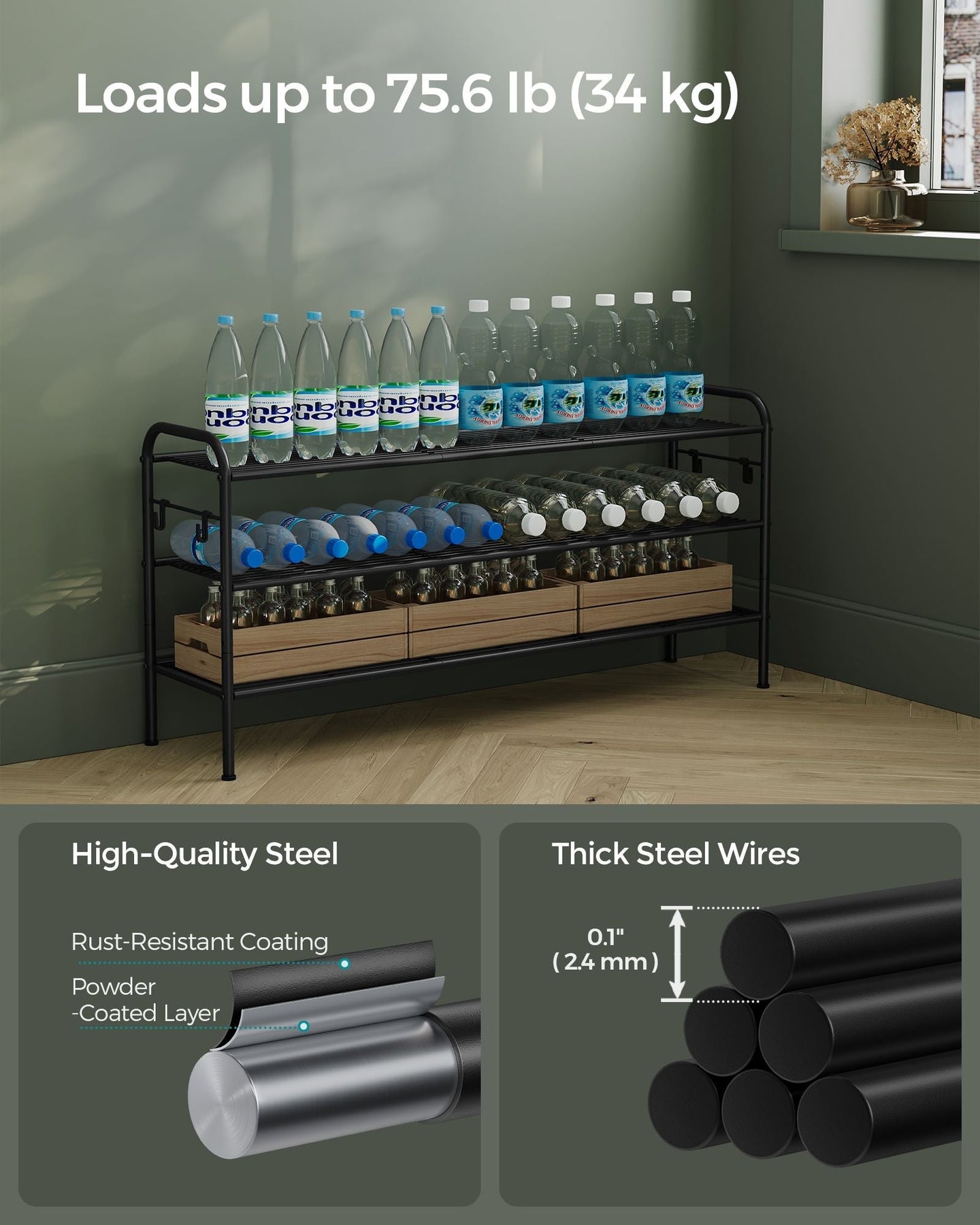 3-Tier Metal Shoe Rack - Ink Black - Height-Adjustable with 4 Side Hooks