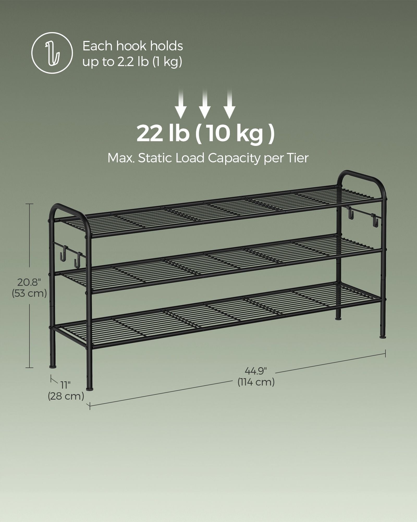 3-Tier Metal Shoe Rack - Ink Black - Height-Adjustable with 4 Side Hooks