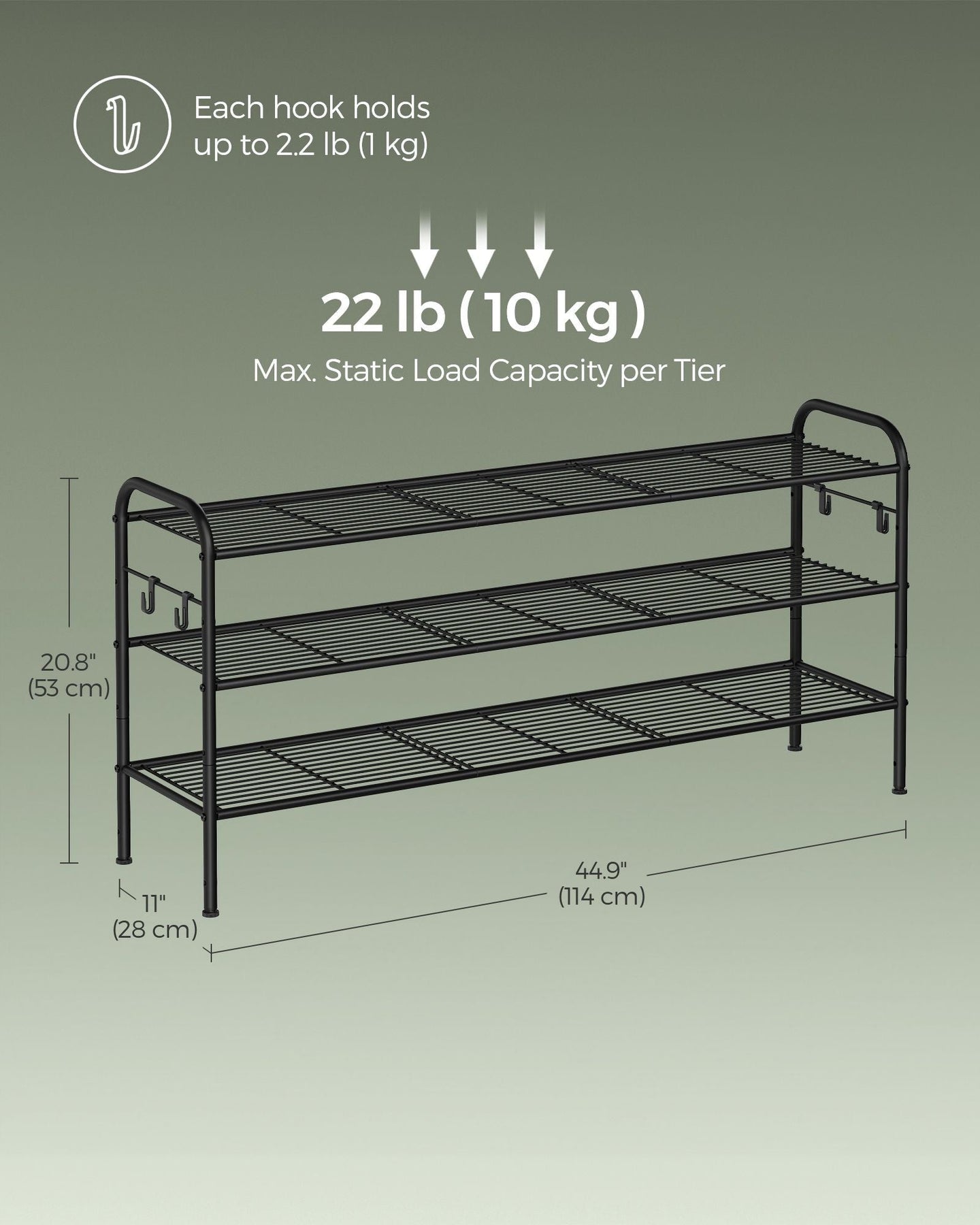 3-Tier Metal Shoe Rack - Ink Black - Height-Adjustable with 4 Side Hooks