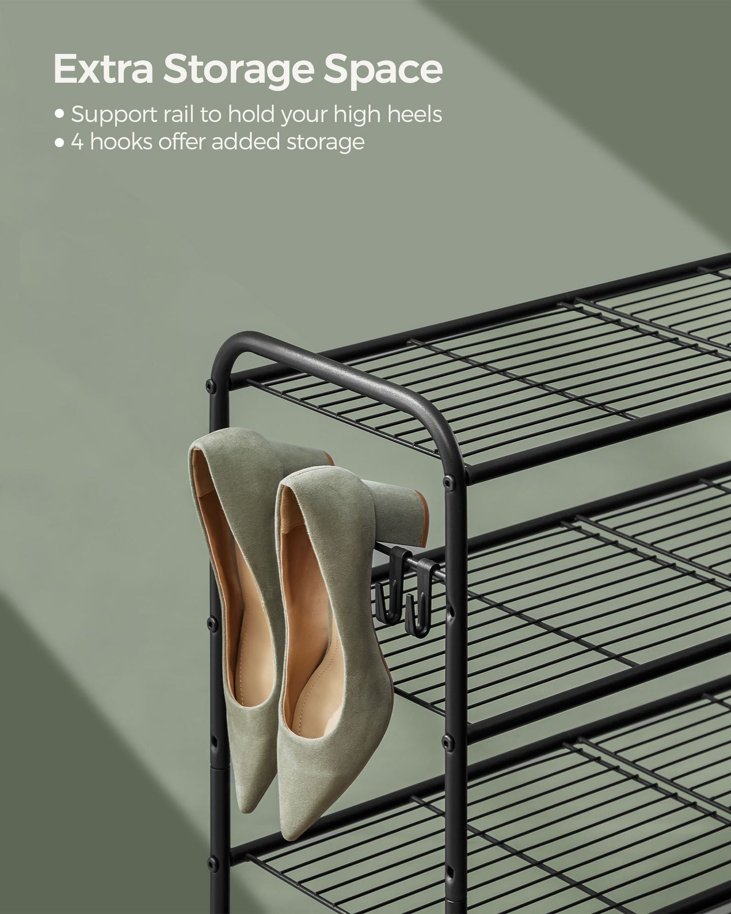3-Tier Metal Shoe Rack - Ink Black - Height-Adjustable with 4 Side Hooks