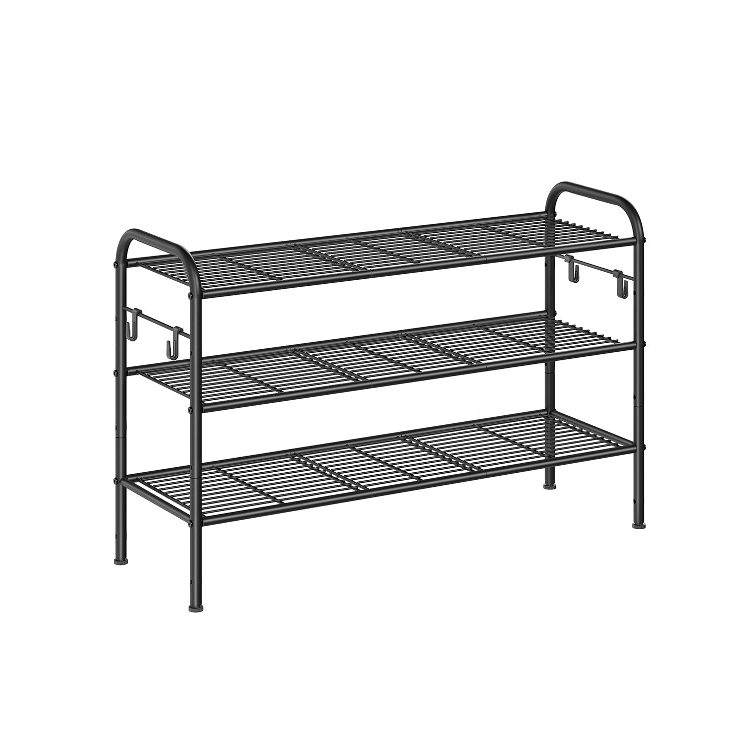 3-Tier Metal Shoe Rack - Ink Black - Height-Adjustable with 4 Hooks