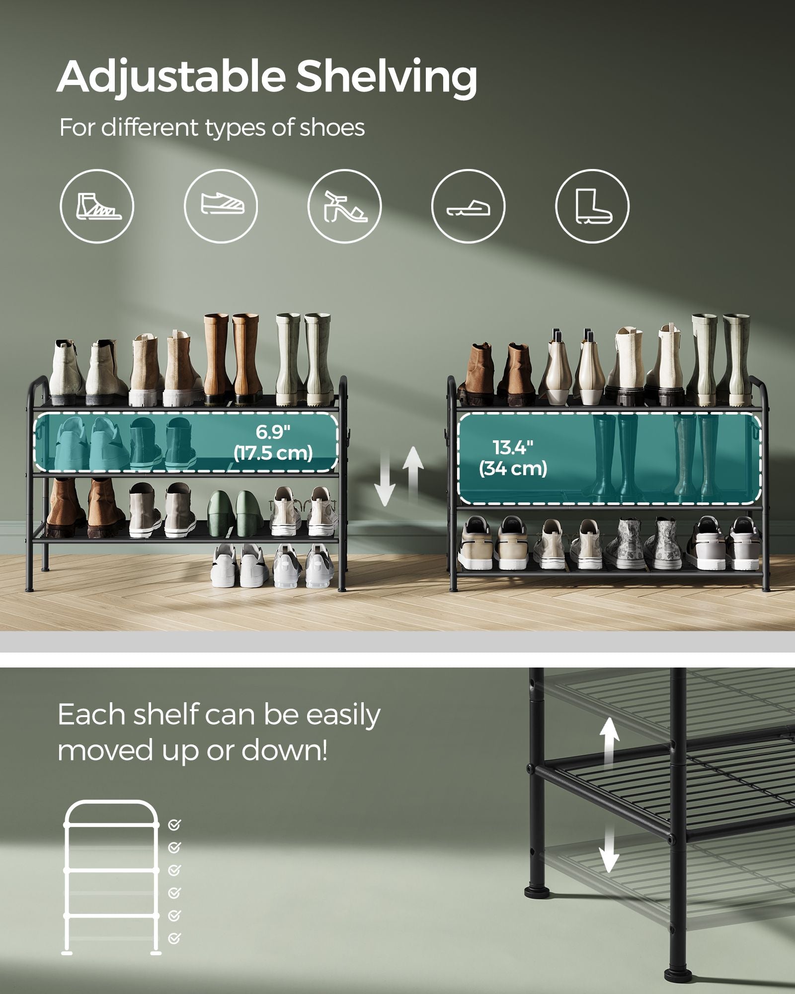 3-Tier Metal Shoe Rack - Ink Black - Height-Adjustable with 4 Hooks