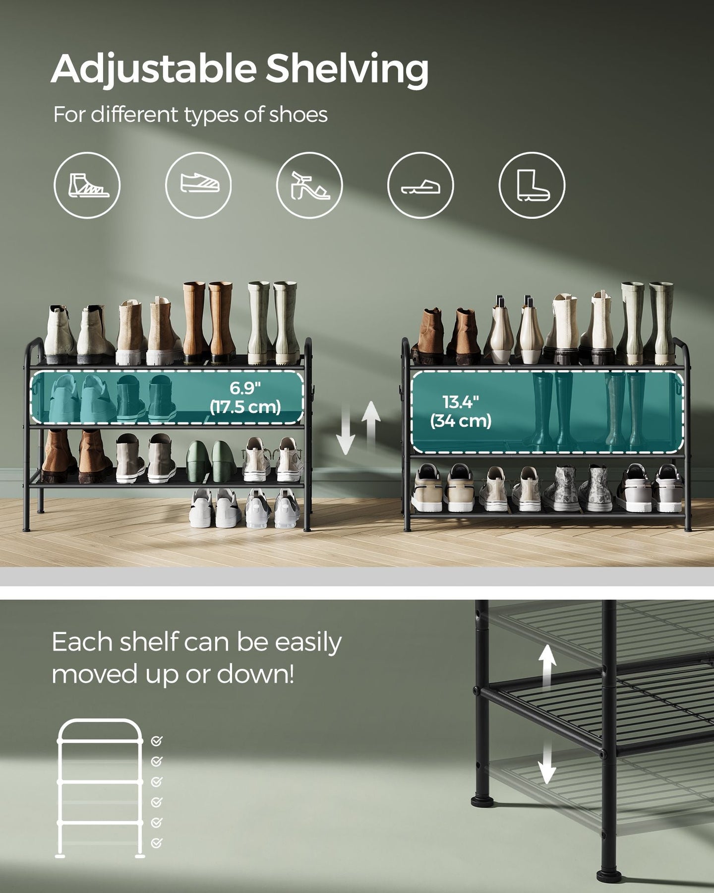 3-Tier Metal Shoe Rack - Ink Black - Height-Adjustable with 4 Hooks