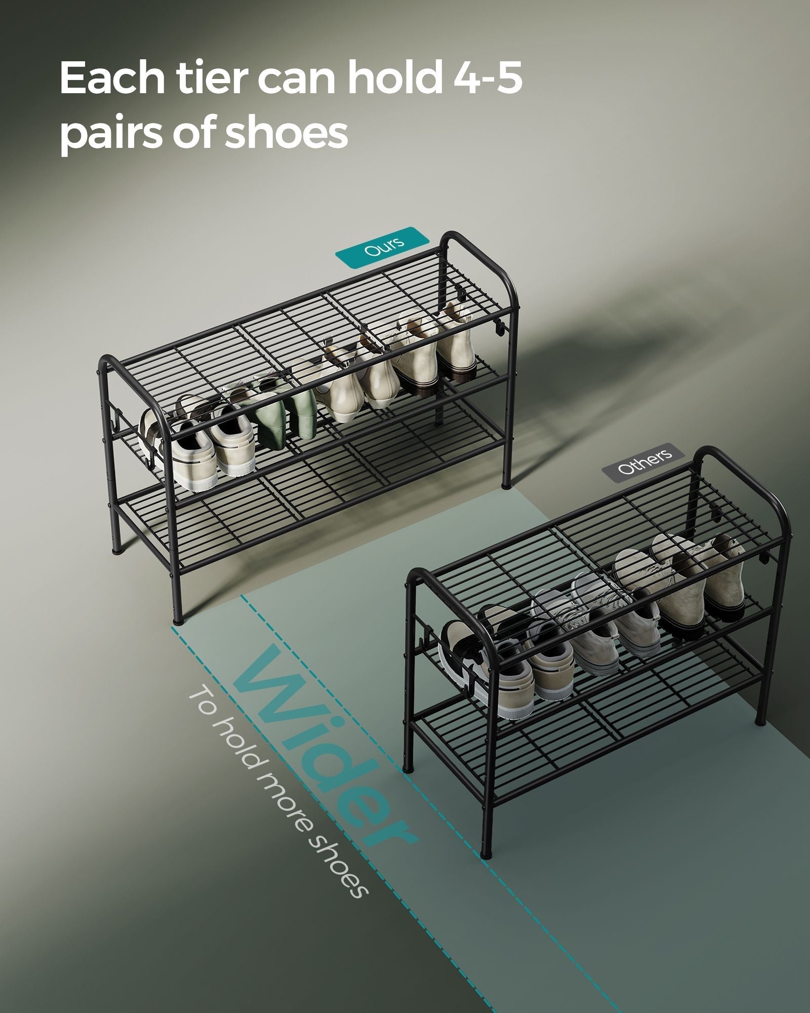 3-Tier Metal Shoe Rack - Ink Black - Height-Adjustable with 4 Hooks
