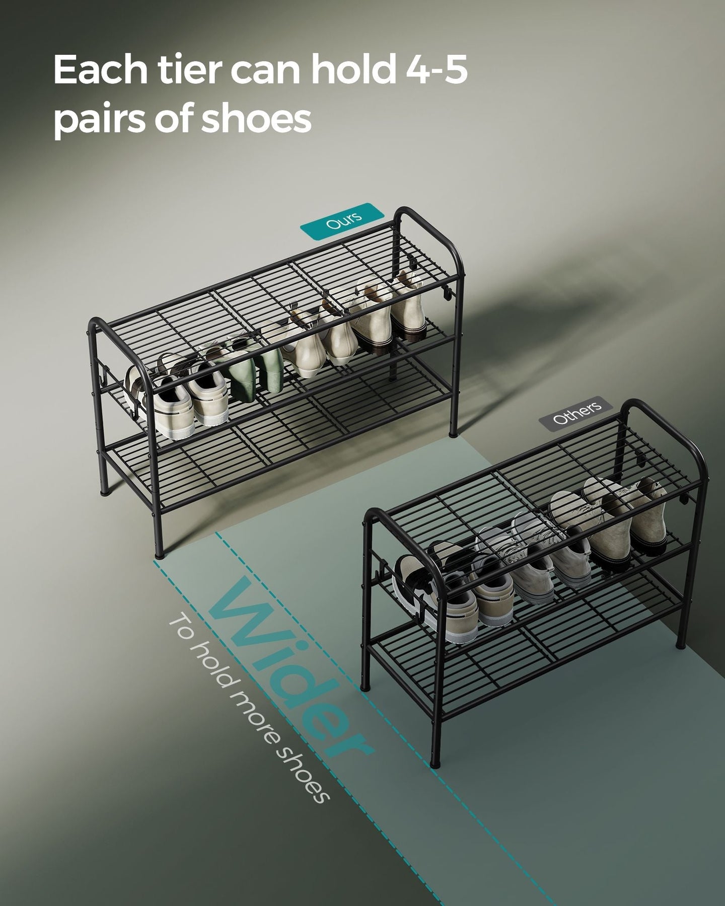 3-Tier Metal Shoe Rack - Ink Black - Height-Adjustable with 4 Hooks
