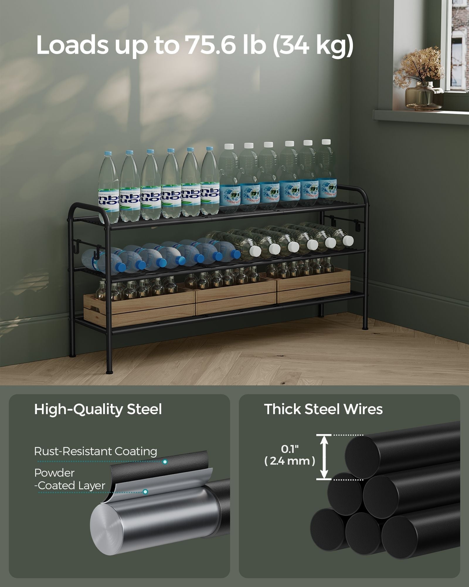 3-Tier Metal Shoe Rack - Ink Black - Height-Adjustable with 4 Hooks