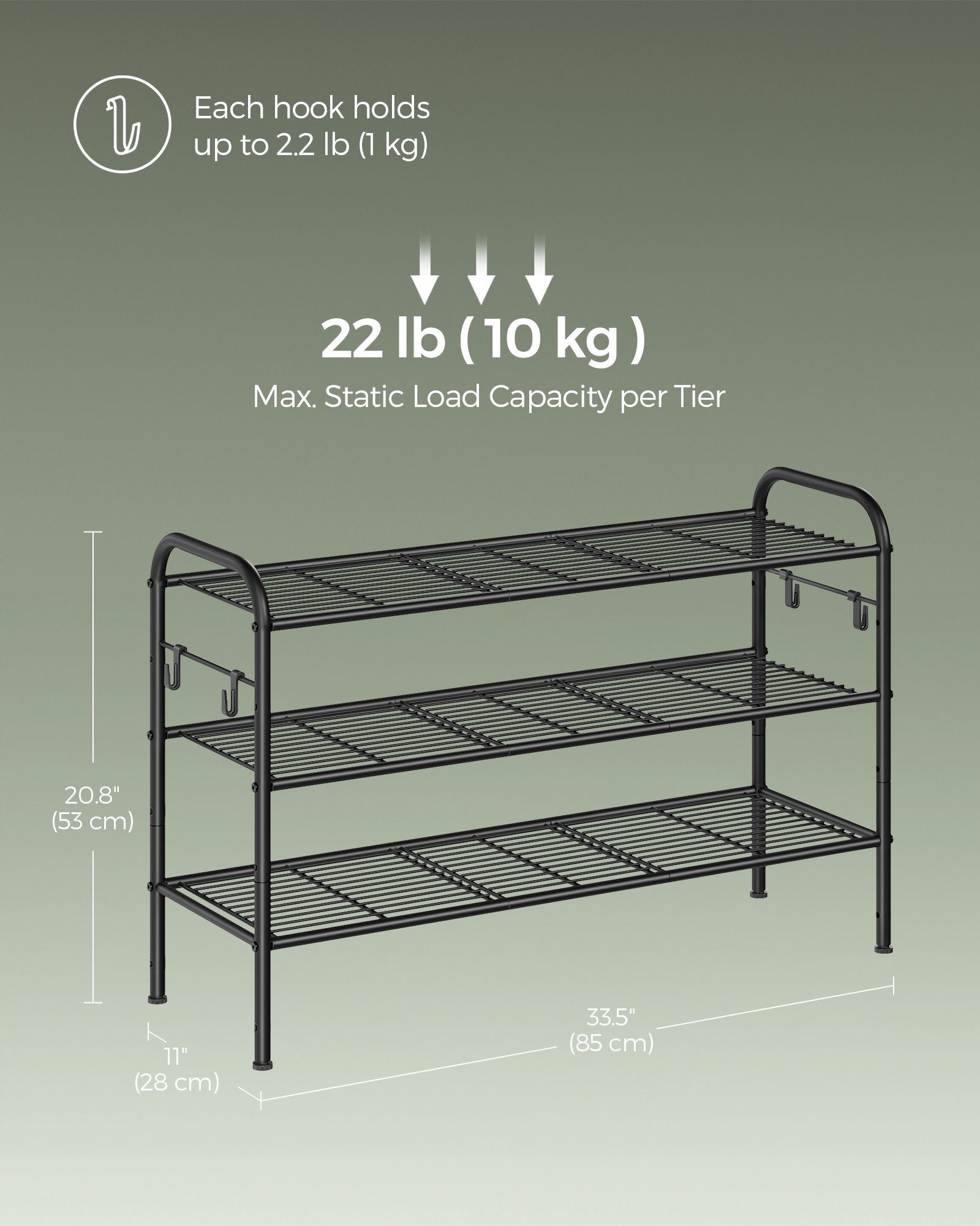 3-Tier Metal Shoe Rack - Ink Black - Height-Adjustable with 4 Hooks