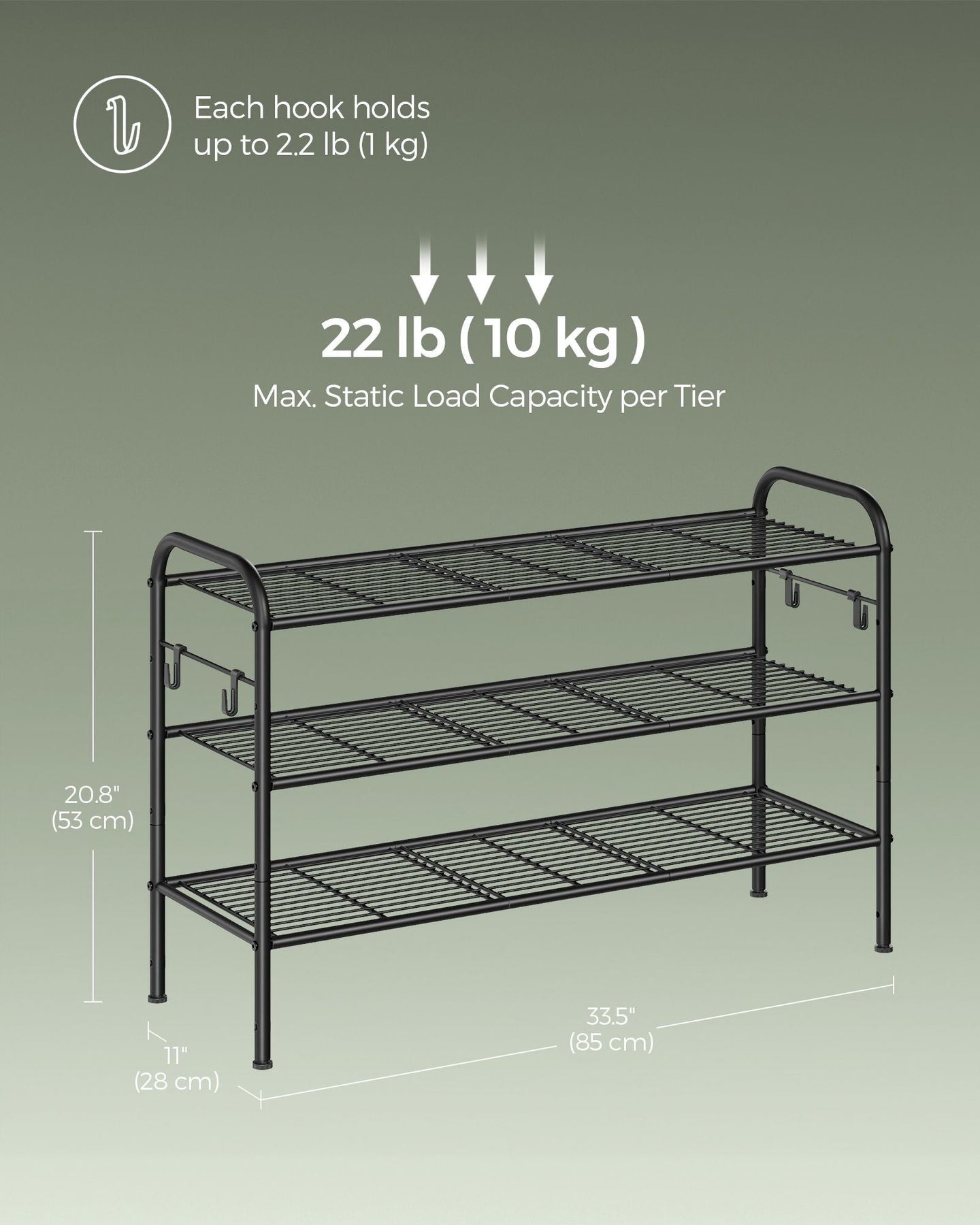 3-Tier Metal Shoe Rack - Ink Black - Height-Adjustable with 4 Hooks