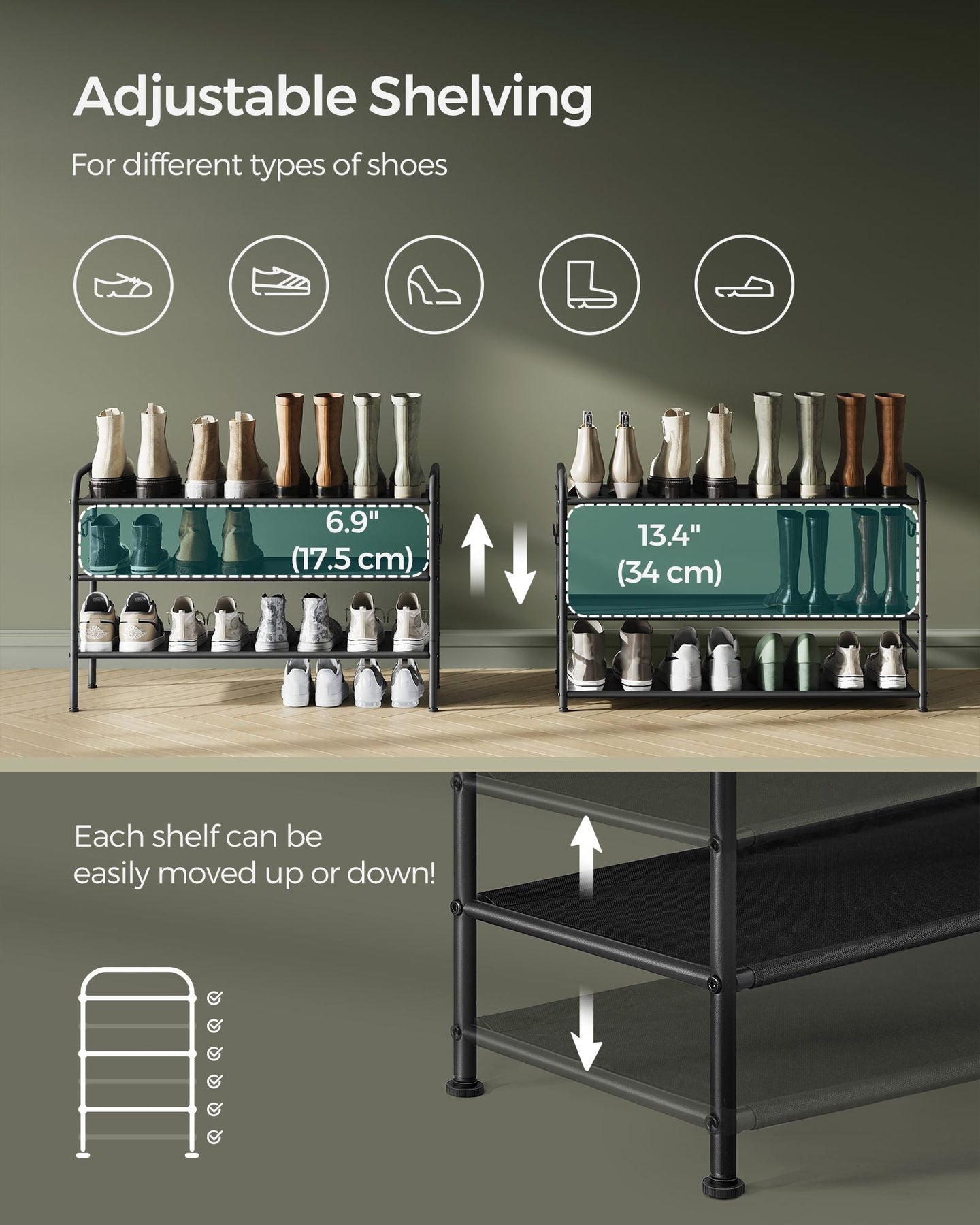 3-Tier Shoe Rack - Fabric - Ink Black - Height-Adjustable with 4 Hooks