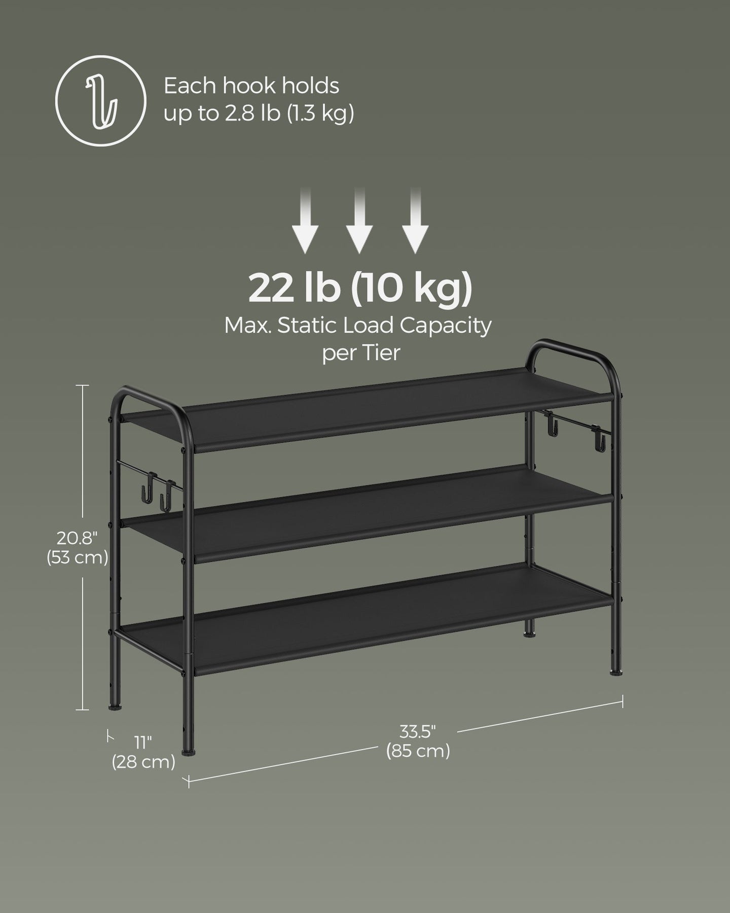 3-Tier Shoe Rack - Fabric - Ink Black - Height-Adjustable with 4 Hooks