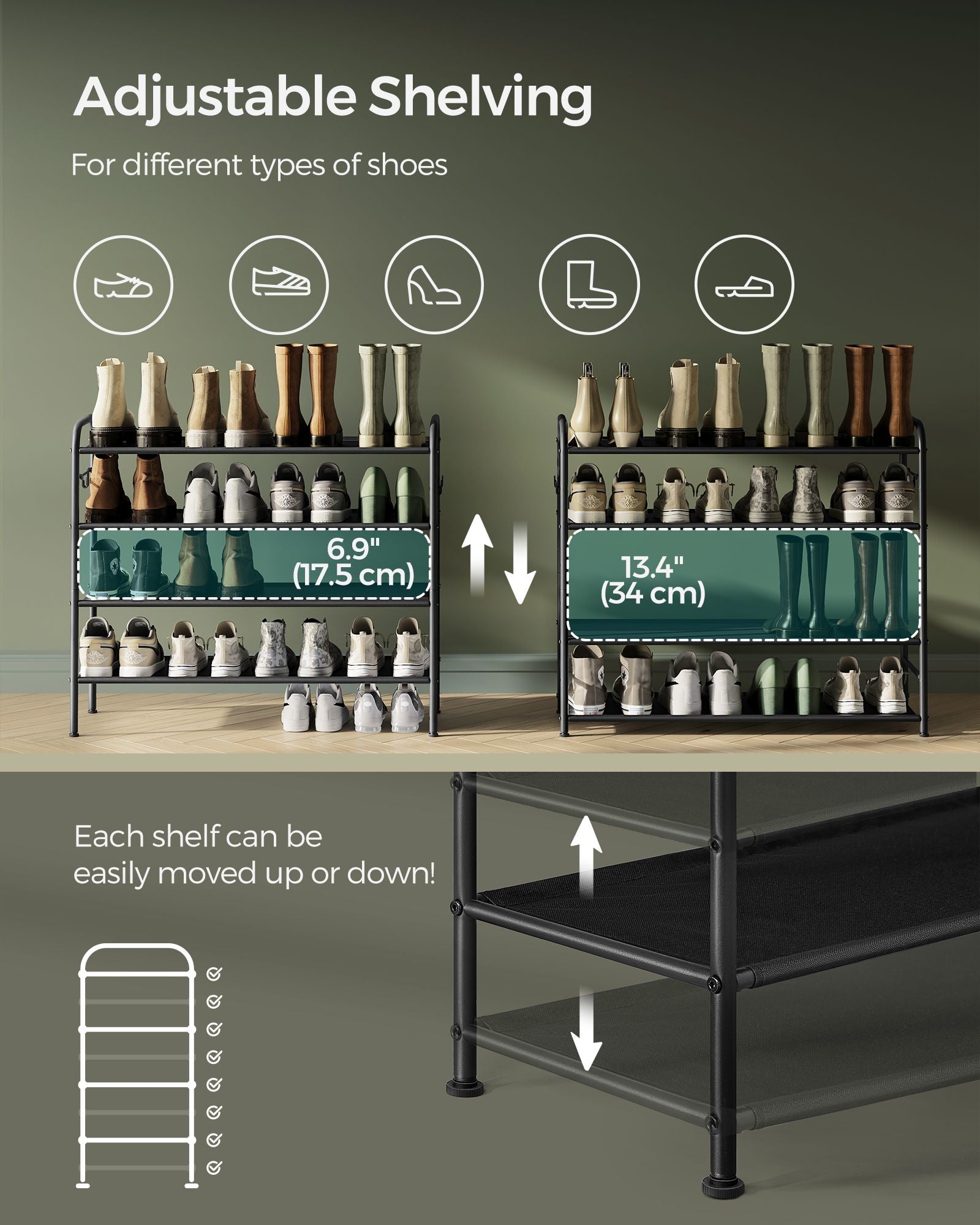 4-Tier Shoe Rack - Fabric - Ink Black - Height-Adjustable with 4 Hooks