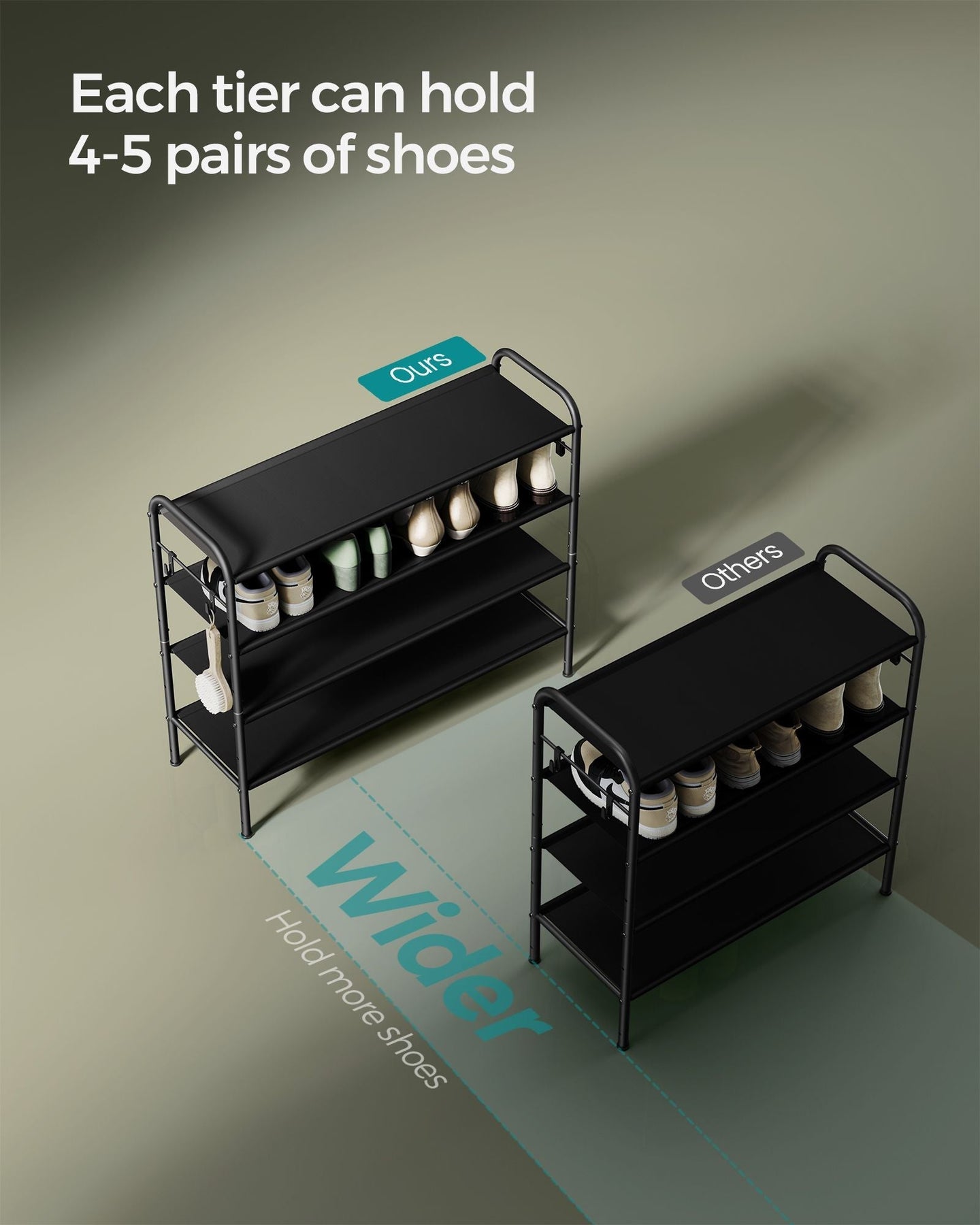 4-Tier Shoe Rack - Fabric - Ink Black - Height-Adjustable with 4 Hooks