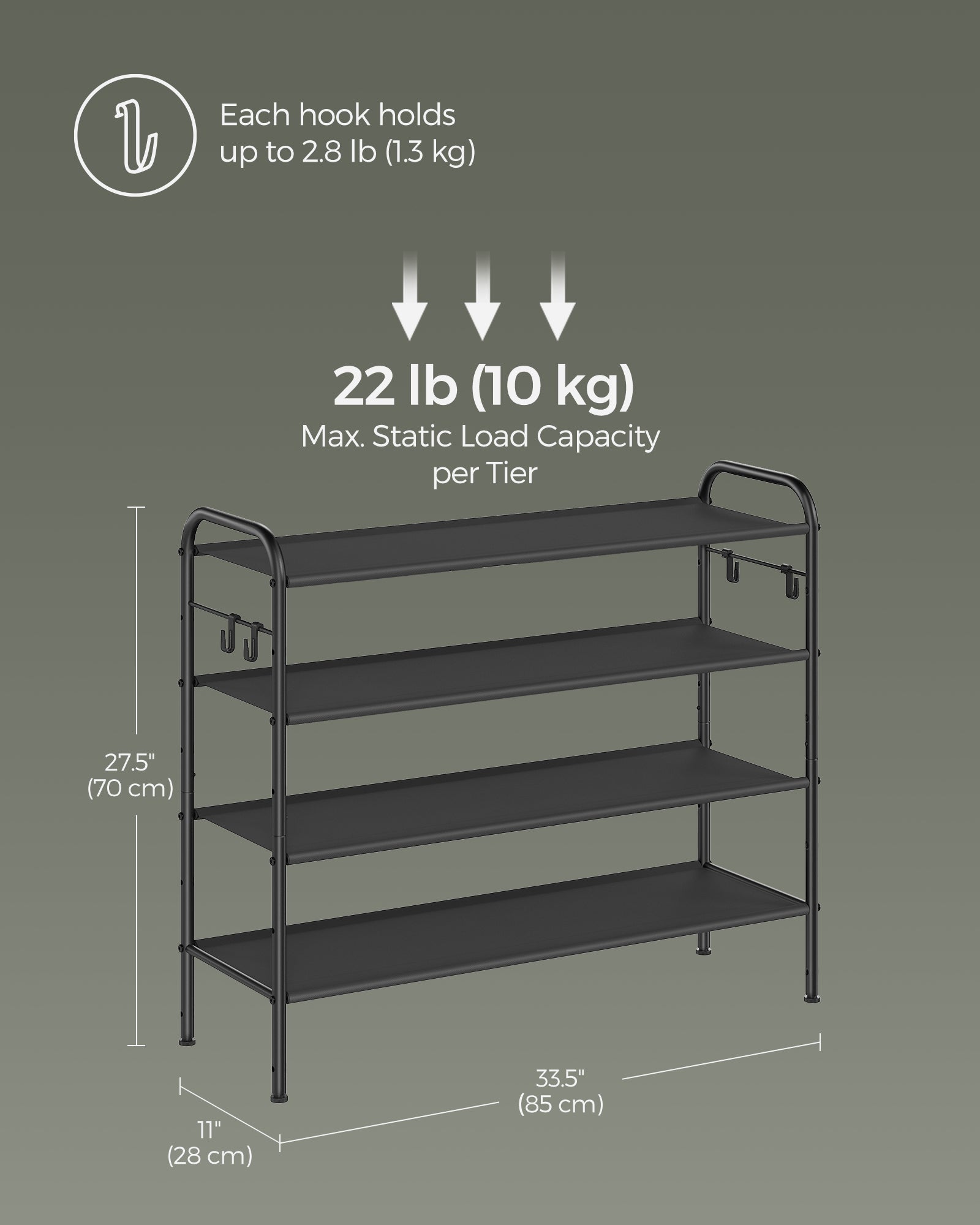 4-Tier Shoe Rack - Fabric - Ink Black - Height-Adjustable with 4 Hooks