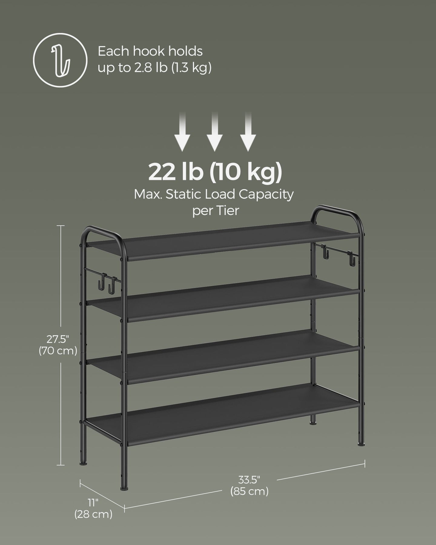 4-Tier Shoe Rack - Fabric - Ink Black - Height-Adjustable with 4 Hooks