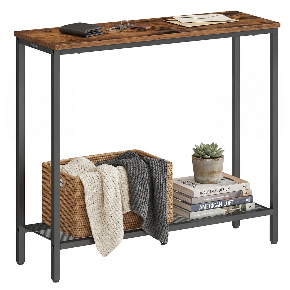 Console Table - Narrow with Storage - Rustic Brown, Matte Black - 80 x 24 x 81.2 cm