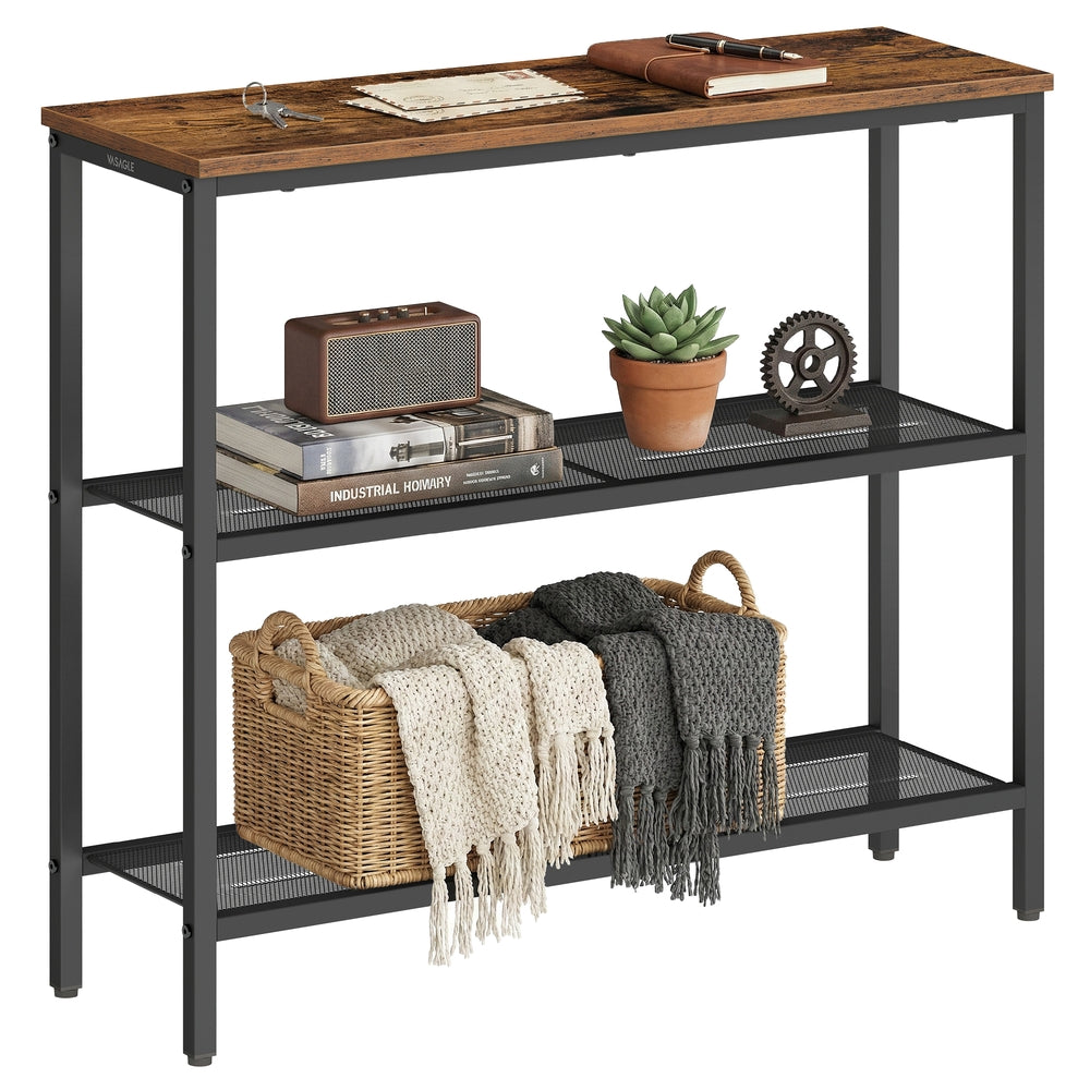 Console Table - Narrow with Storage - Rustic Brown, Matte Black - 80 x 24 x 81.2 cm