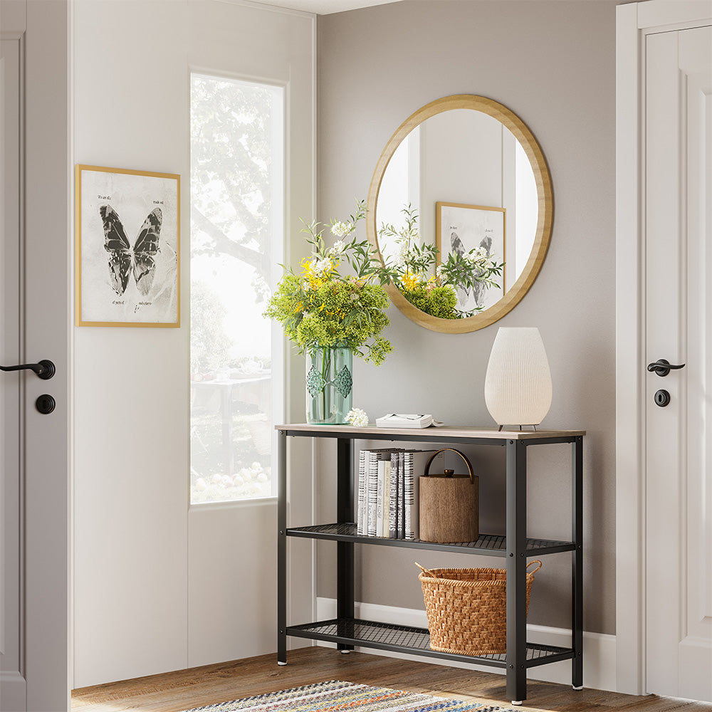 Industrial Console Table - Steel - Greige - Narrow Design with 2 Mesh Shelves