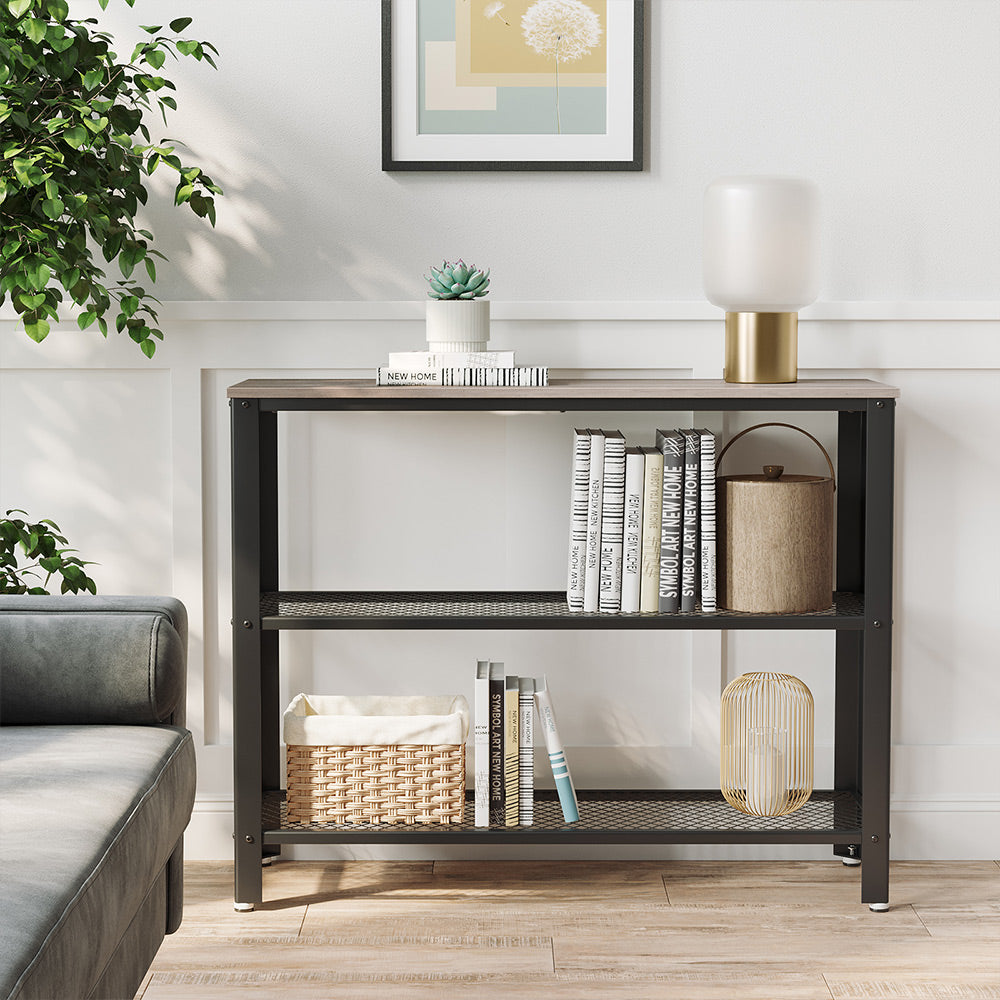 Industrial Console Table - Steel - Greige - Narrow Design with 2 Mesh Shelves