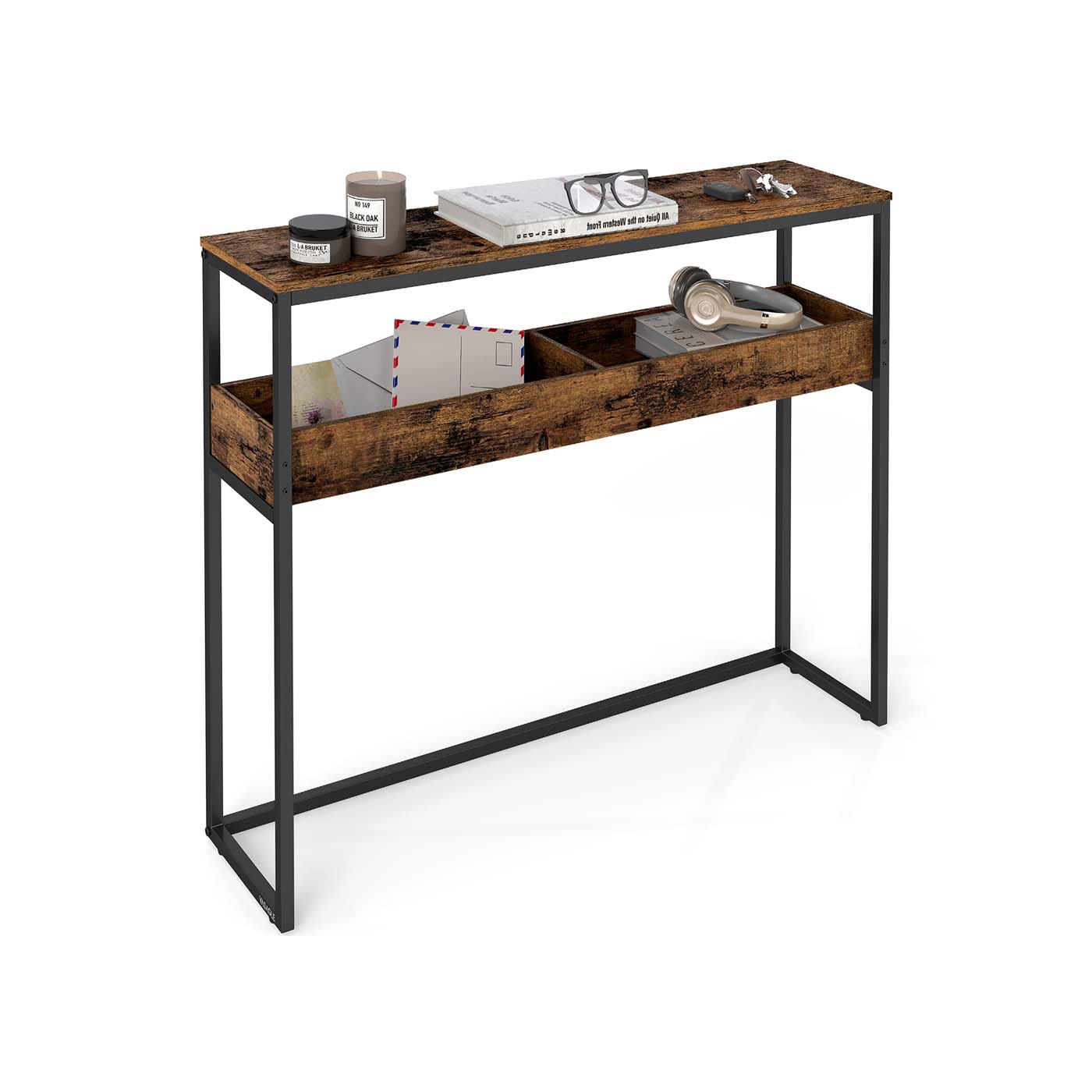 Console Table - Wood - Rustic Brown - 2-Tier Design with Semi-Open Compartments