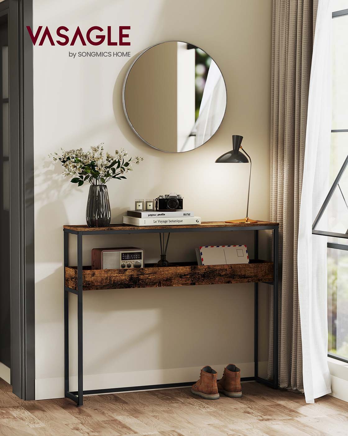 Console Table - Wood - Rustic Brown - 2-Tier Design with Semi-Open Compartments