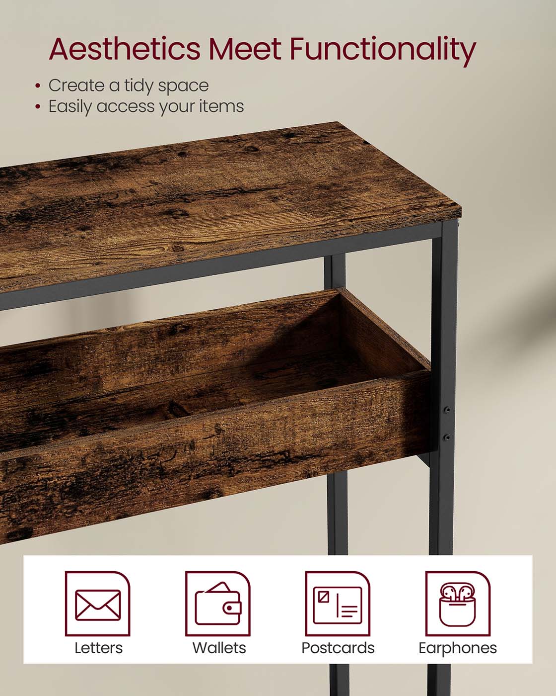 Console Table - Wood - Rustic Brown - 2-Tier Design with Semi-Open Compartments