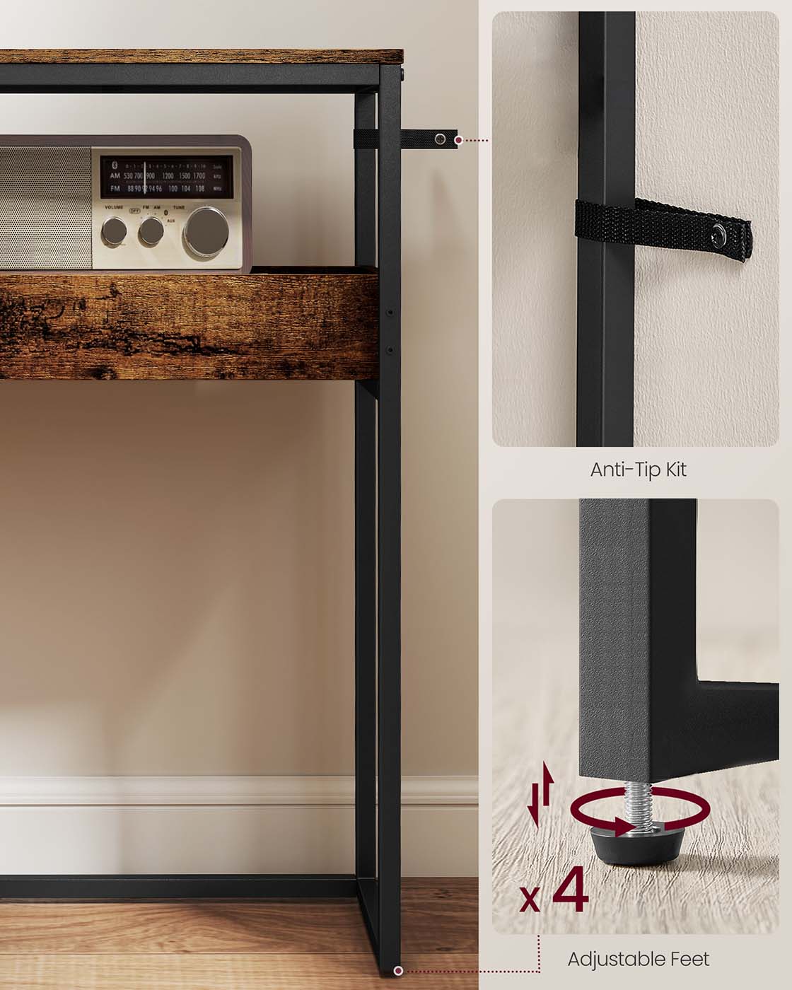 Console Table - Wood - Rustic Brown - 2-Tier Design with Semi-Open Compartments