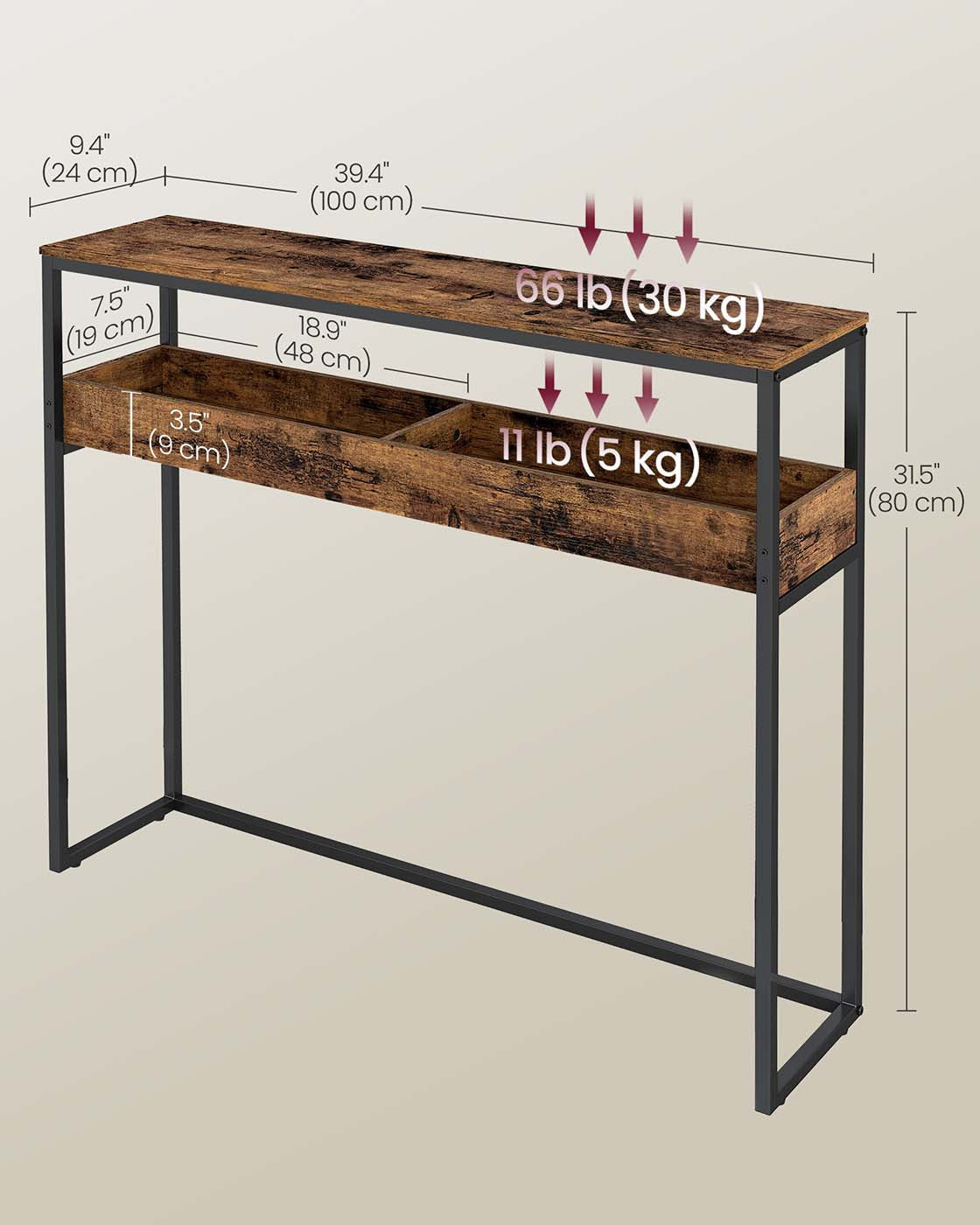 Console Table - Wood - Rustic Brown - 2-Tier Design with Semi-Open Compartments