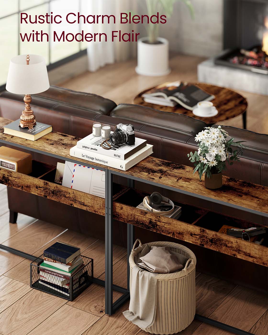 Console Table - Wood - Rustic Brown - 2-Tier Design with Semi-Open Compartments