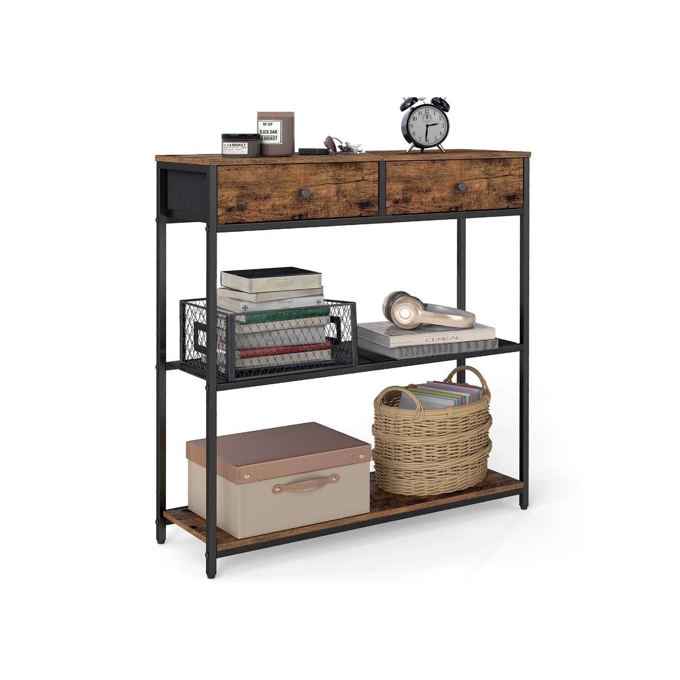 Console Table - Wood - Rustic Brown - 2 Fabric Drawers
